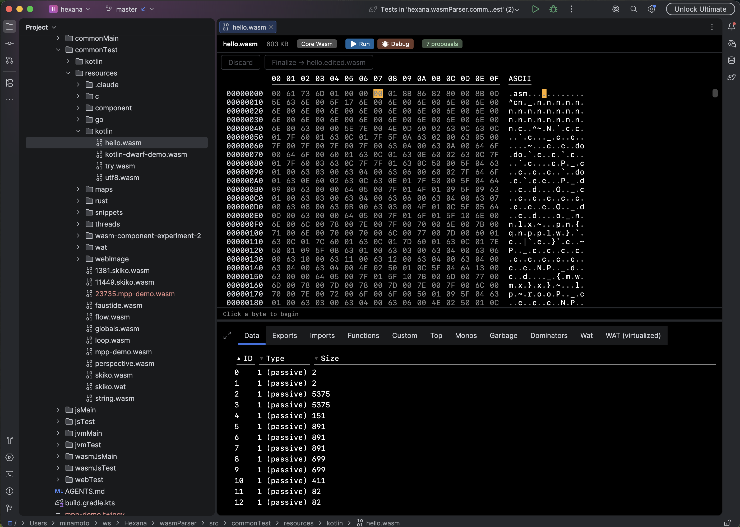 Hexana opens a .wasm file with the structure tabs visible