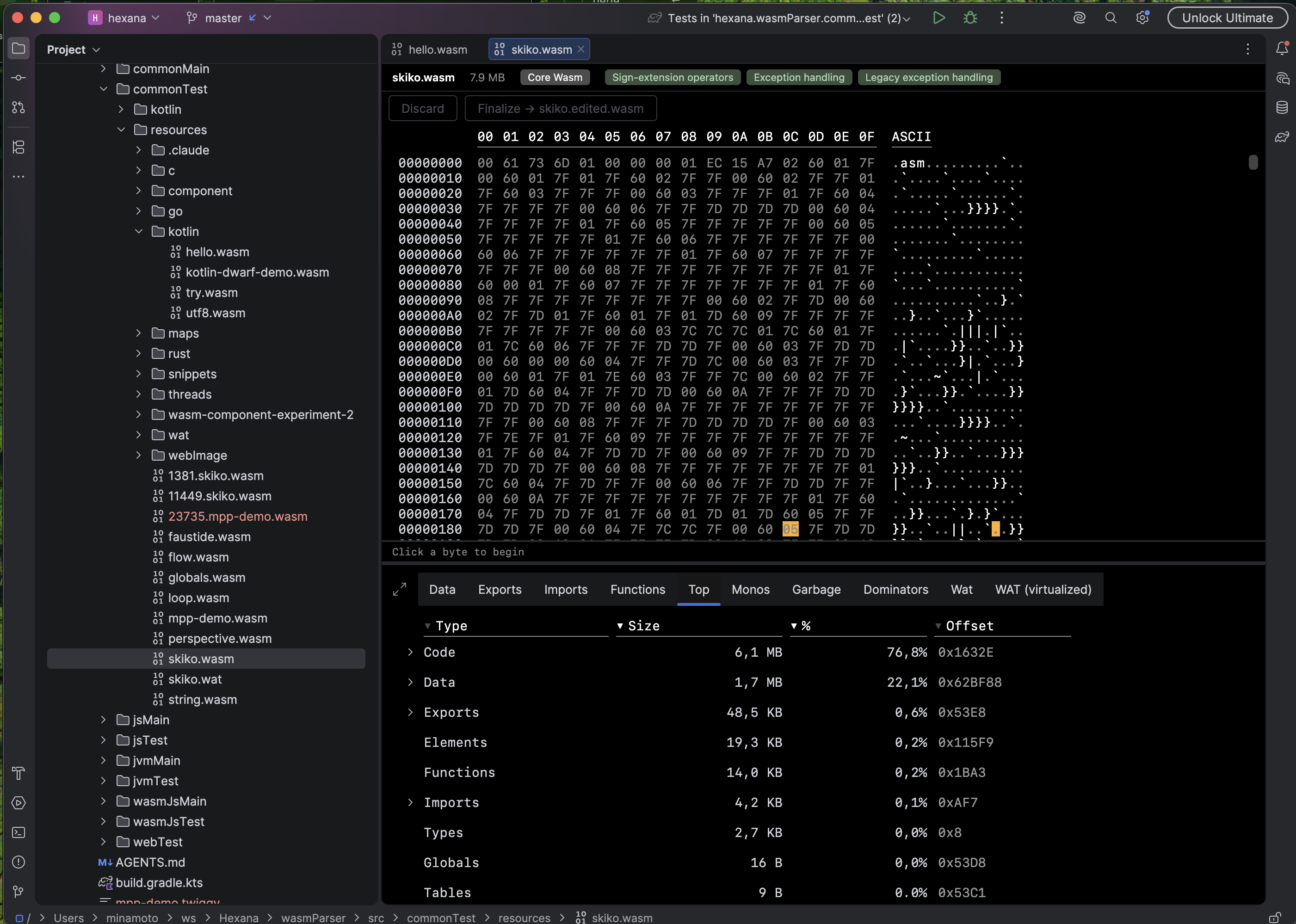 Size profiler with sortable columns