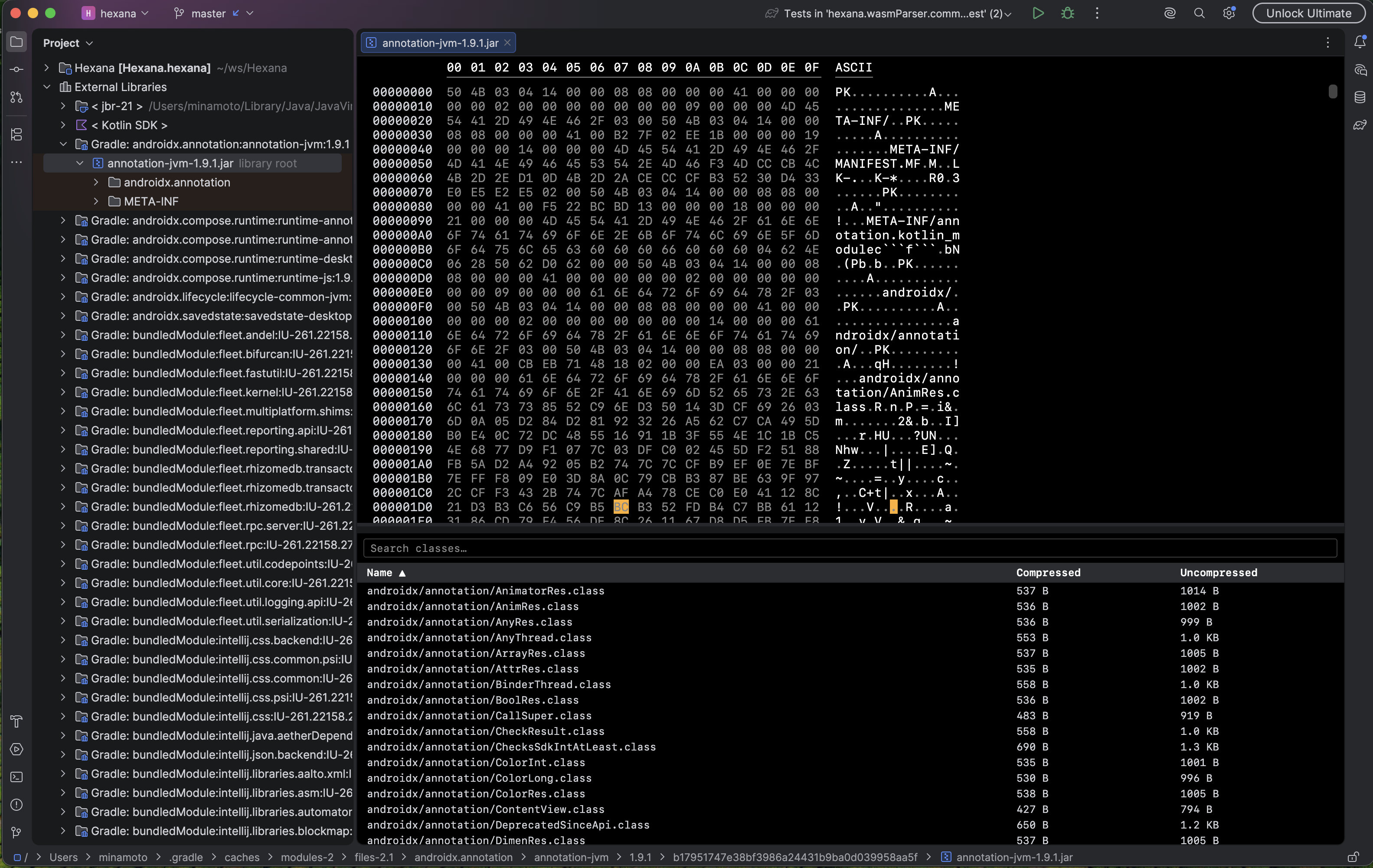 JAR file: hex on top, searchable class list below