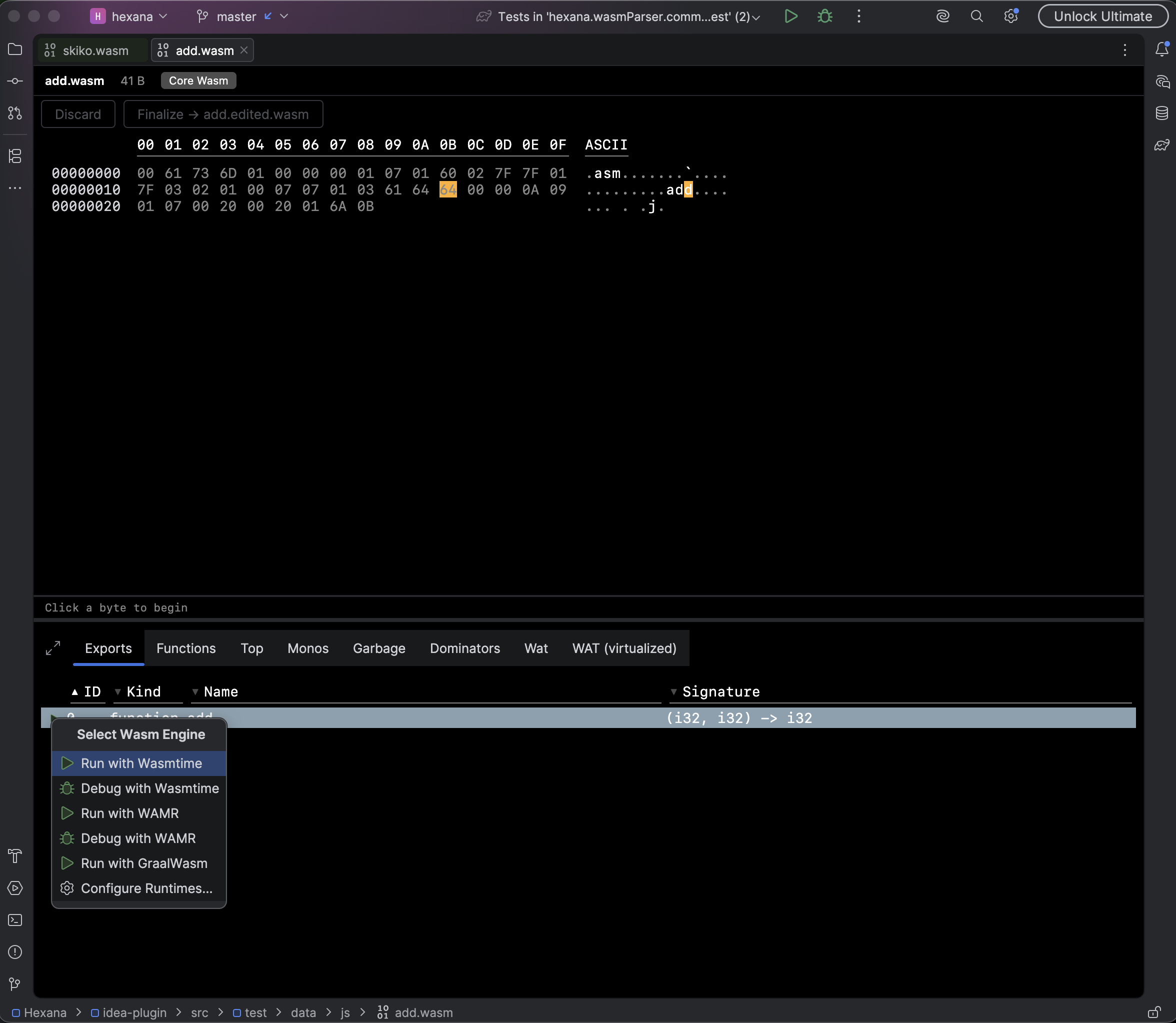 WASM run configuration dialog