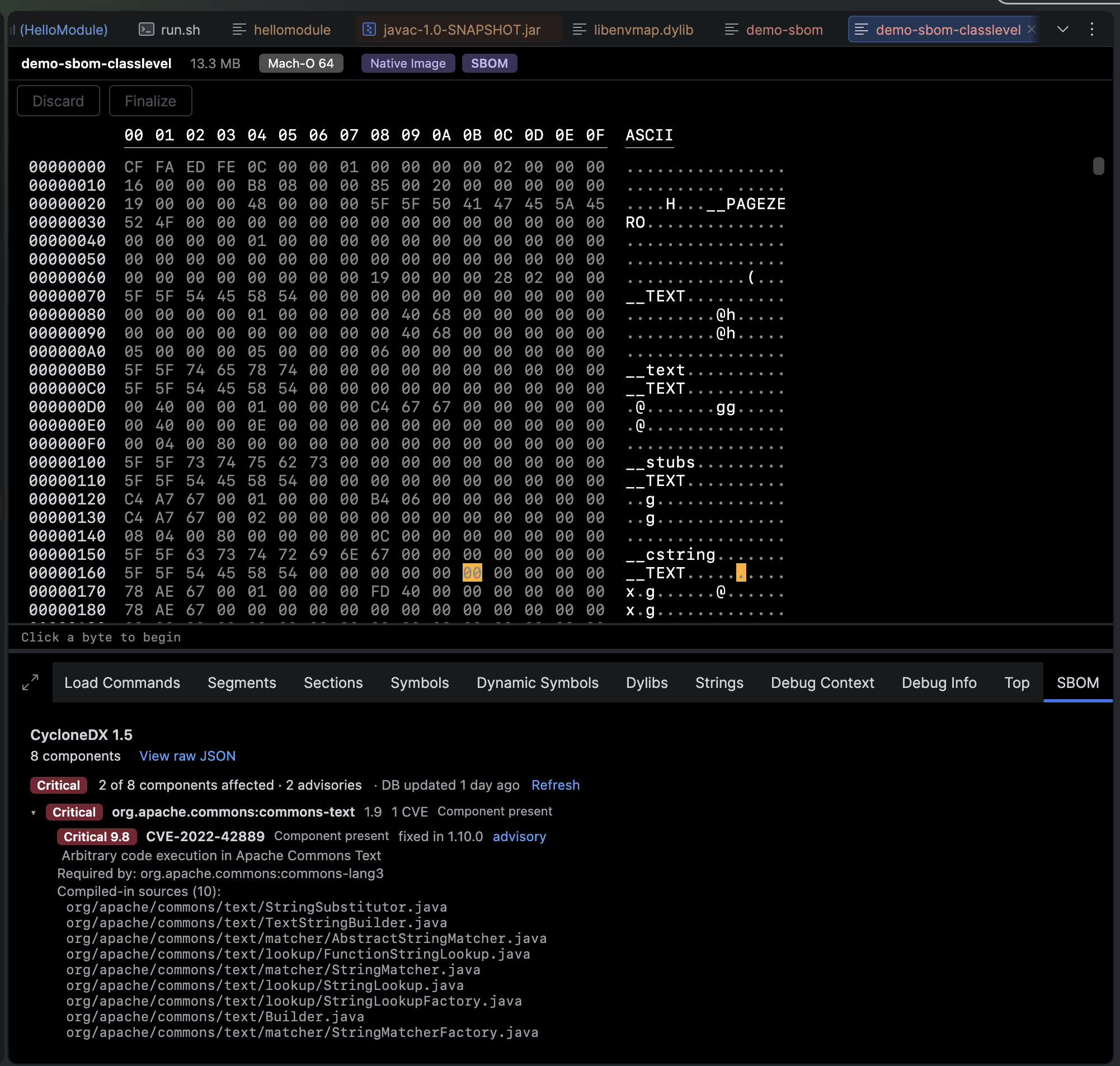 SBOM tab with the OSV vulnerability overlay