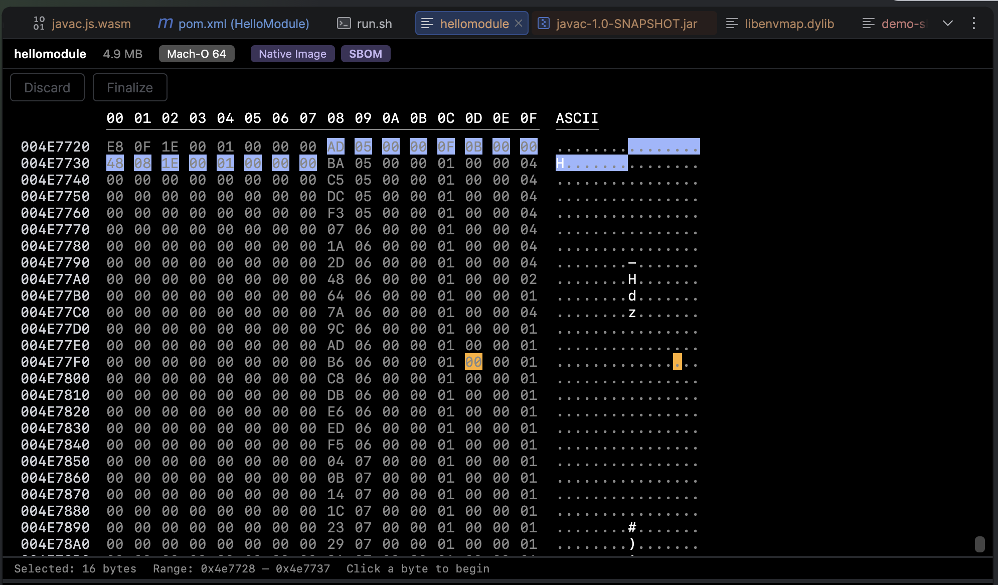 Information bar with the Native Image and SBOM badges