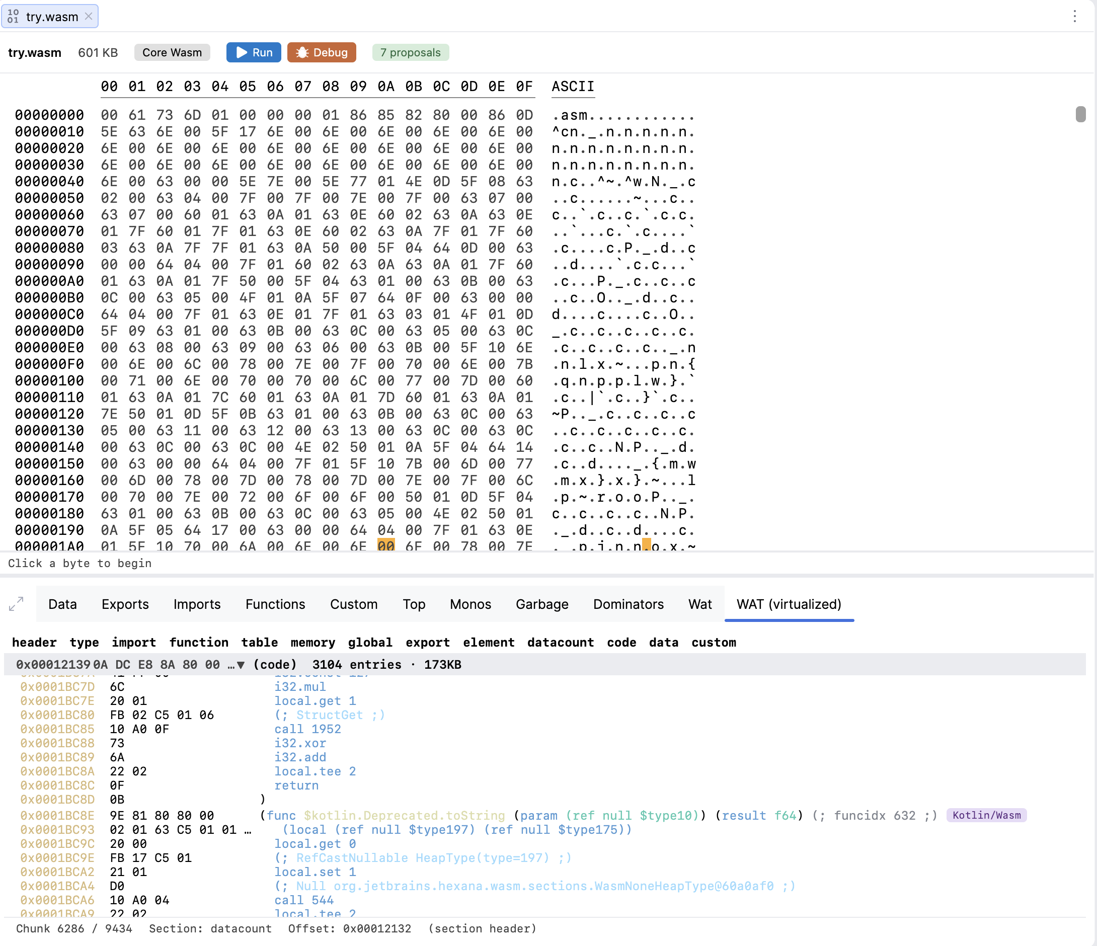A function carrying the Kotlin/Wasm badge in the virtualised WAT view