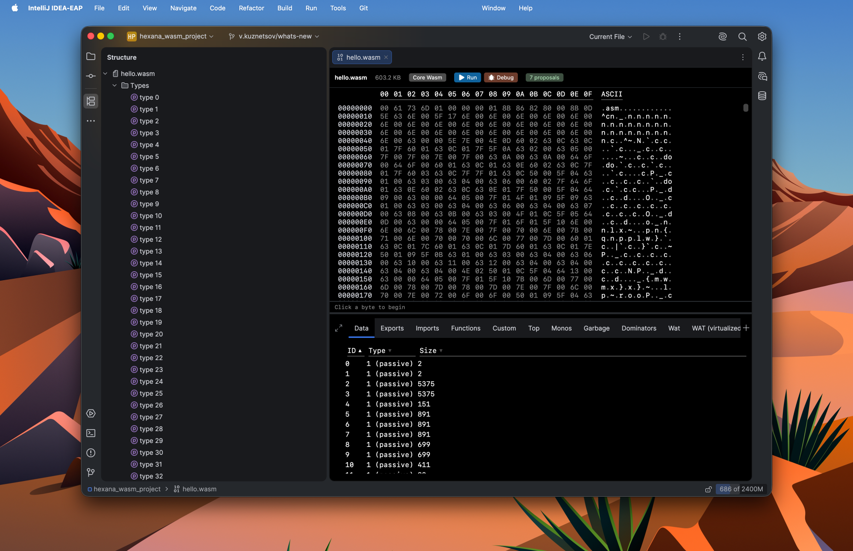 Structure tool window showing a WASM module