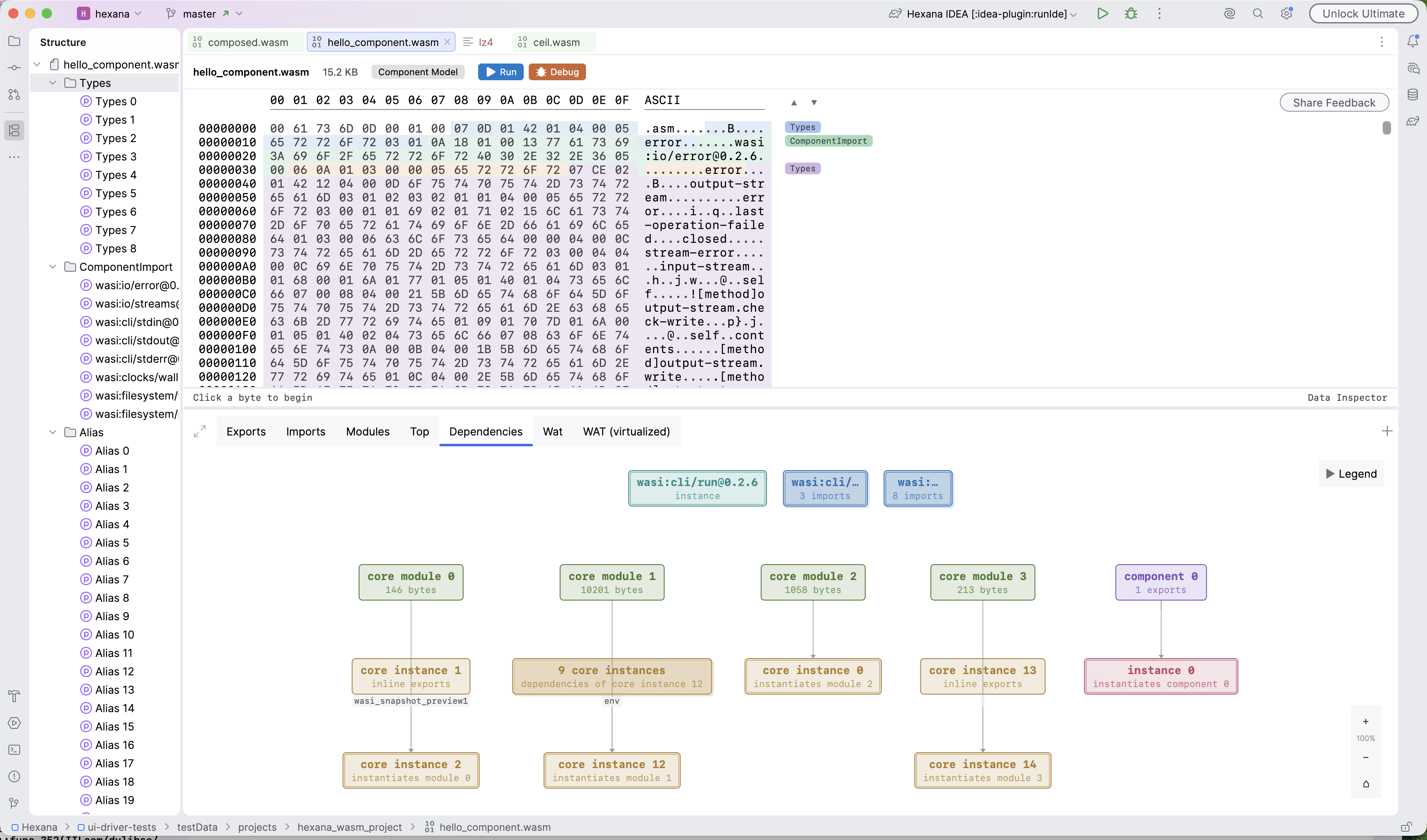 WASM Component dependency diagram for hello_component.wasm — the Dependencies tab shows a graph of core modules and component instances arranged by their dependency relationships, with a colour-coded legend