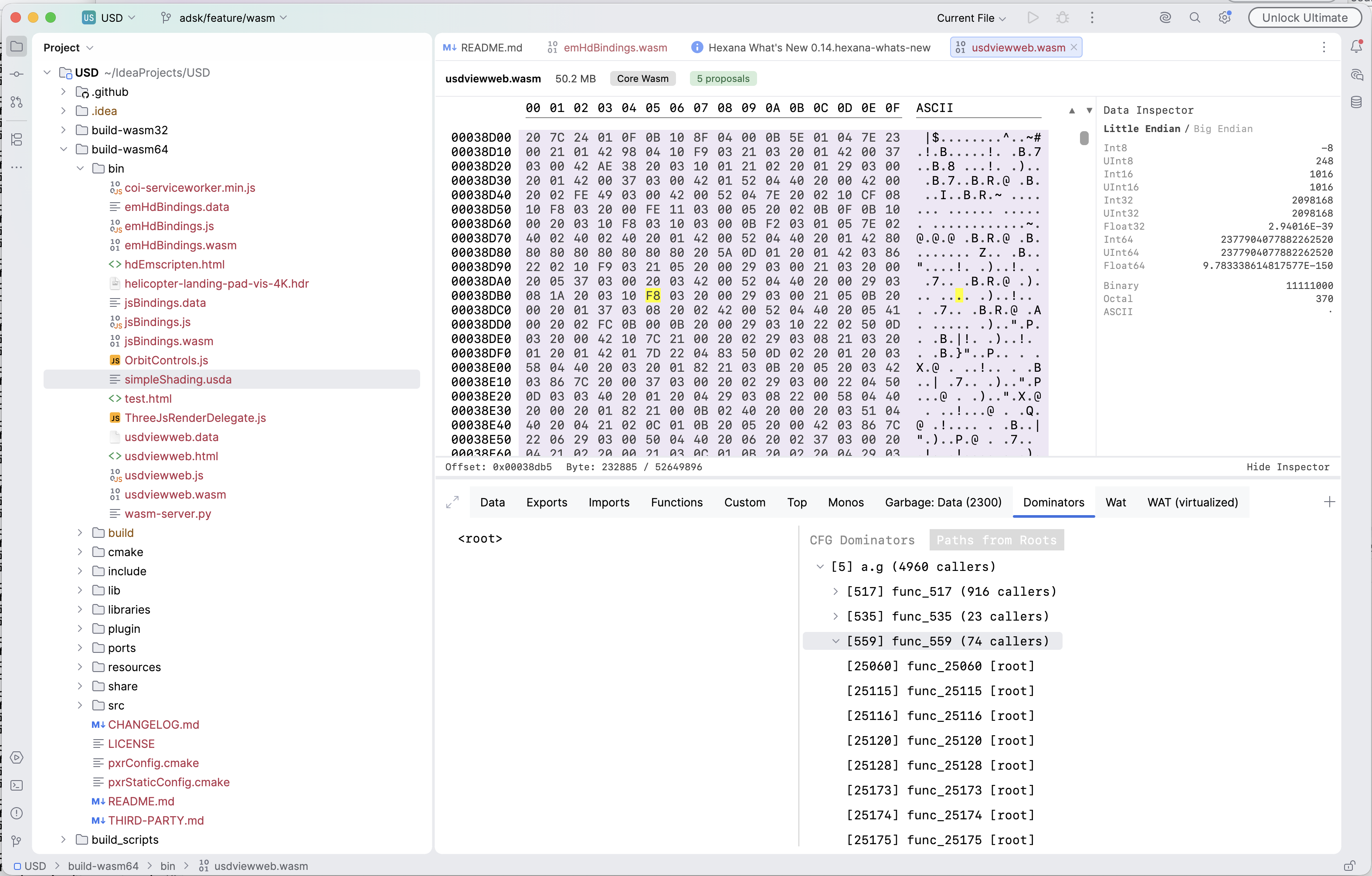 Data Inspector panel open alongside the hex view of usdviewweb.wasm, showing the selected bytes decoded as little-endian integers, floats, and other scalar types in a panel on the right