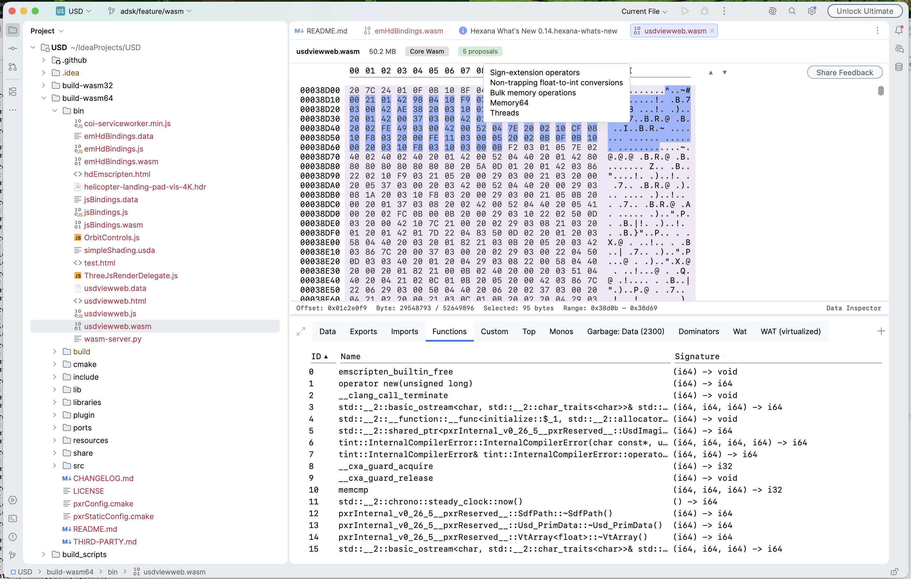 Functions tab of usdviewweb.wasm (50 MB memory64 Emscripten build) showing 42k function entries with full signatures, loaded without freezing the IDE