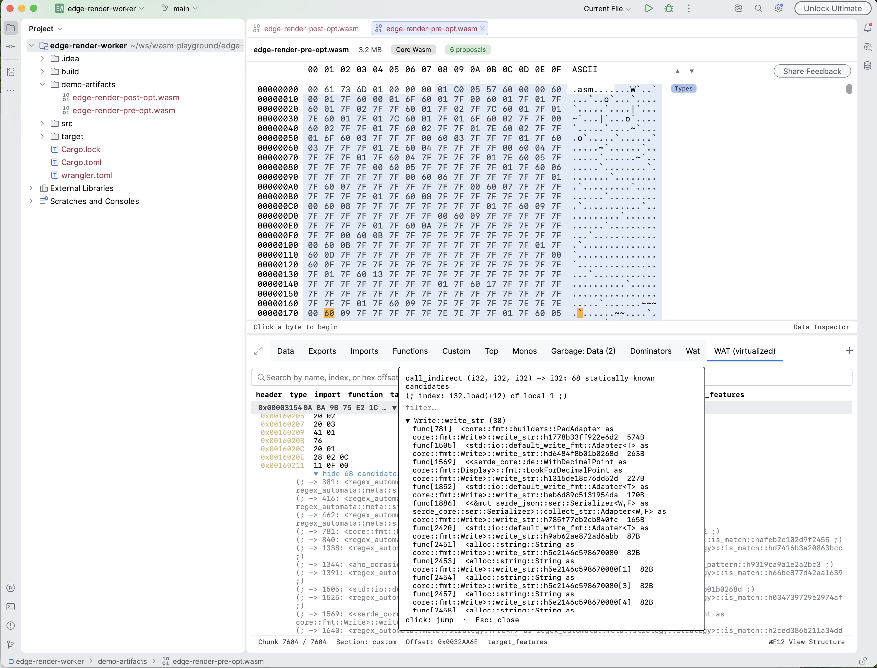 WAT (virtualized) tab showing a call_indirect row with its dispatch candidates popup — a list of statically known target functions with their signatures, navigable by clicking