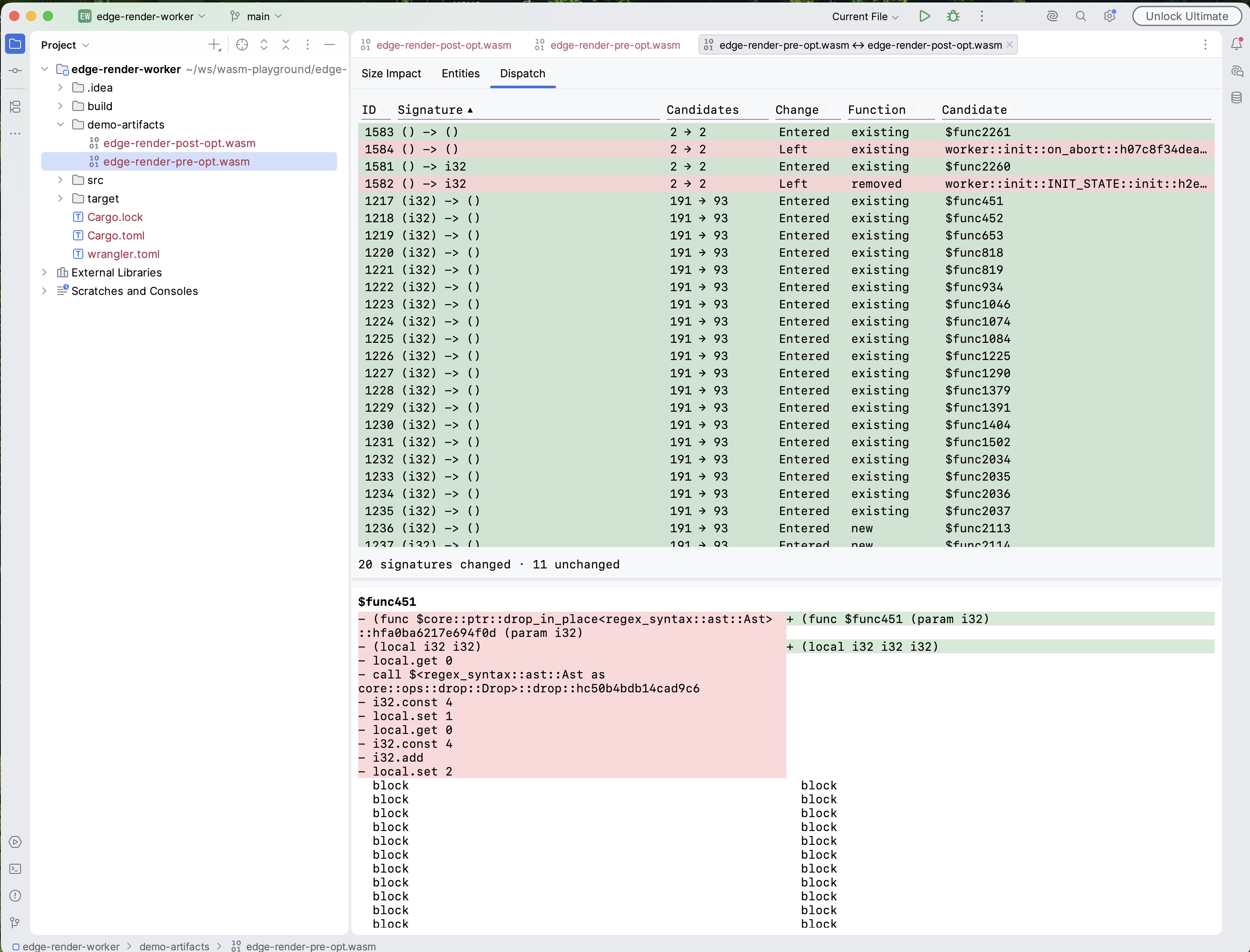 WASM module diff showing the Dispatch tab — a per-signature table of dispatch candidates that entered or left the function table between two builds, with green Entered and red Left rows, and a side-by-side WAT diff for the selected candidate at the bottom