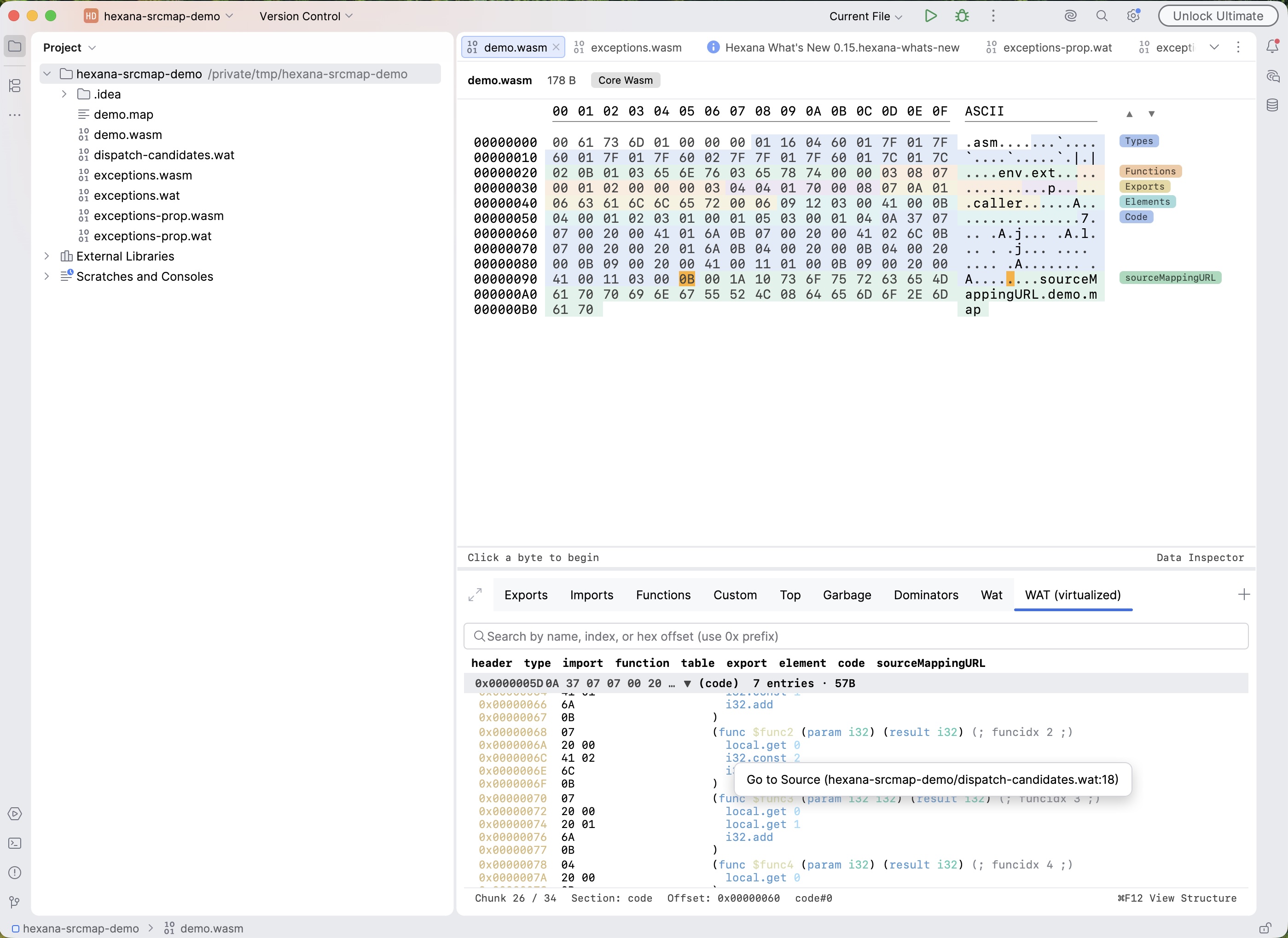 WAT (virtualized) view with a Go to Source context menu entry showing the resolved file and line — dispatch-candidates.wat:18 — for the selected instruction row, using a source map discovered through sourceMappingURL