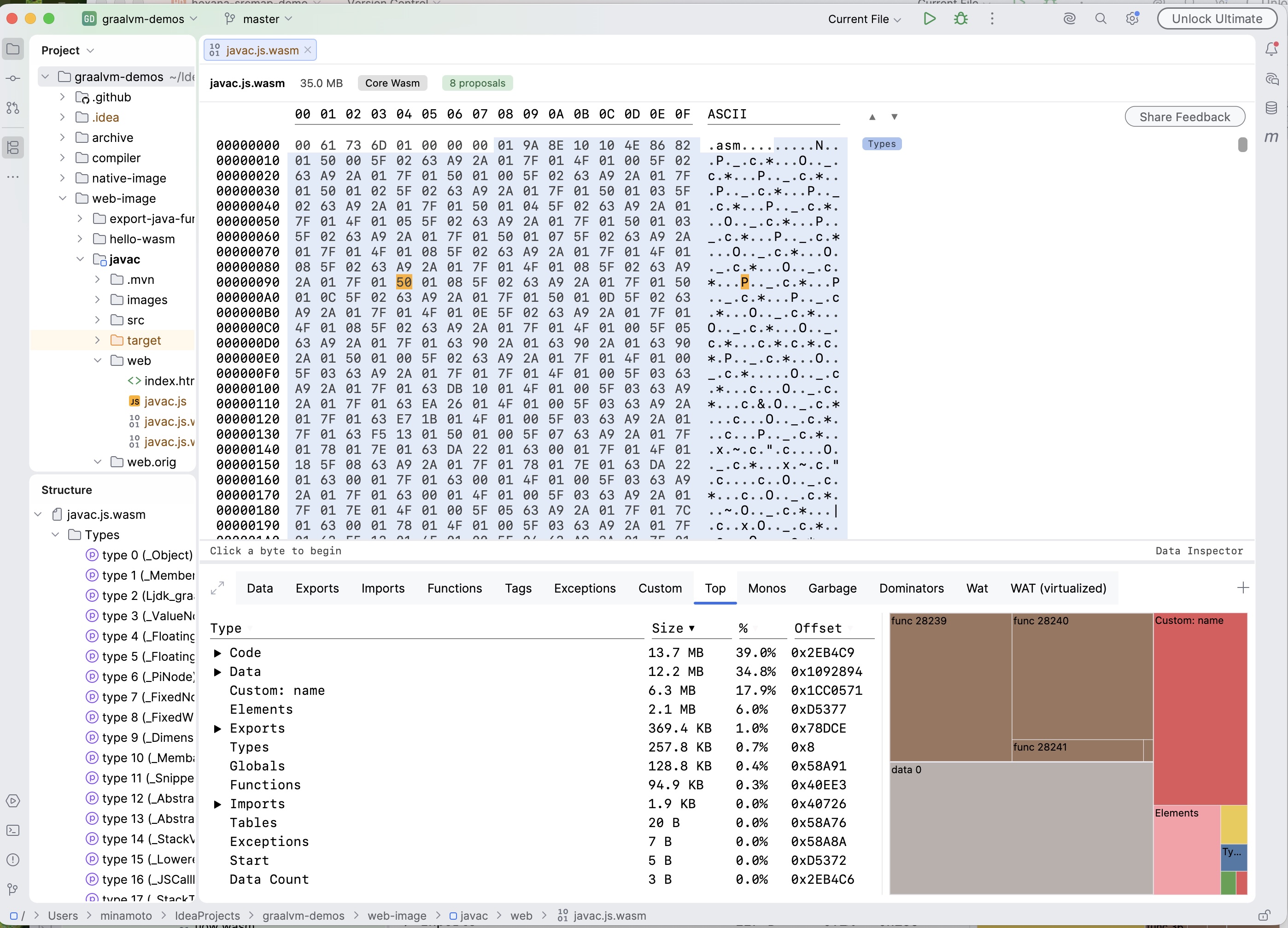Top tab of javac.js.wasm (35 MB GraalVM Web Image build) showing a sortable size breakdown by section type — Code at 39%, Data at 34.8%, Custom: name at 17.9% — with a treemap colour map on the right side