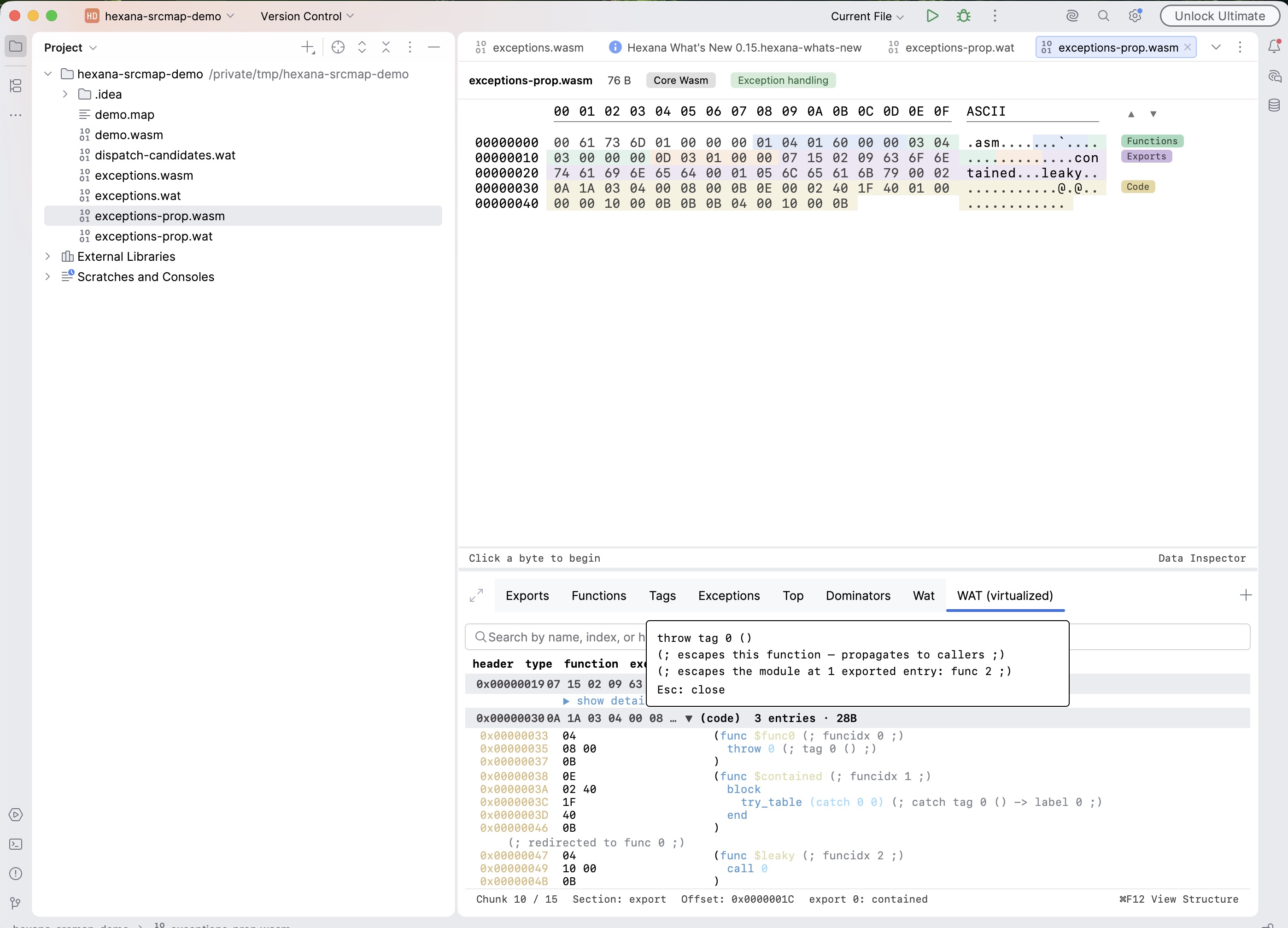 WAT (virtualized) view of exceptions-prop.wasm showing a throw 0 instruction with a decoded comment, a try_table block, and a popup explaining that the throw escapes the function and reaches the module's exported entry points uncaught