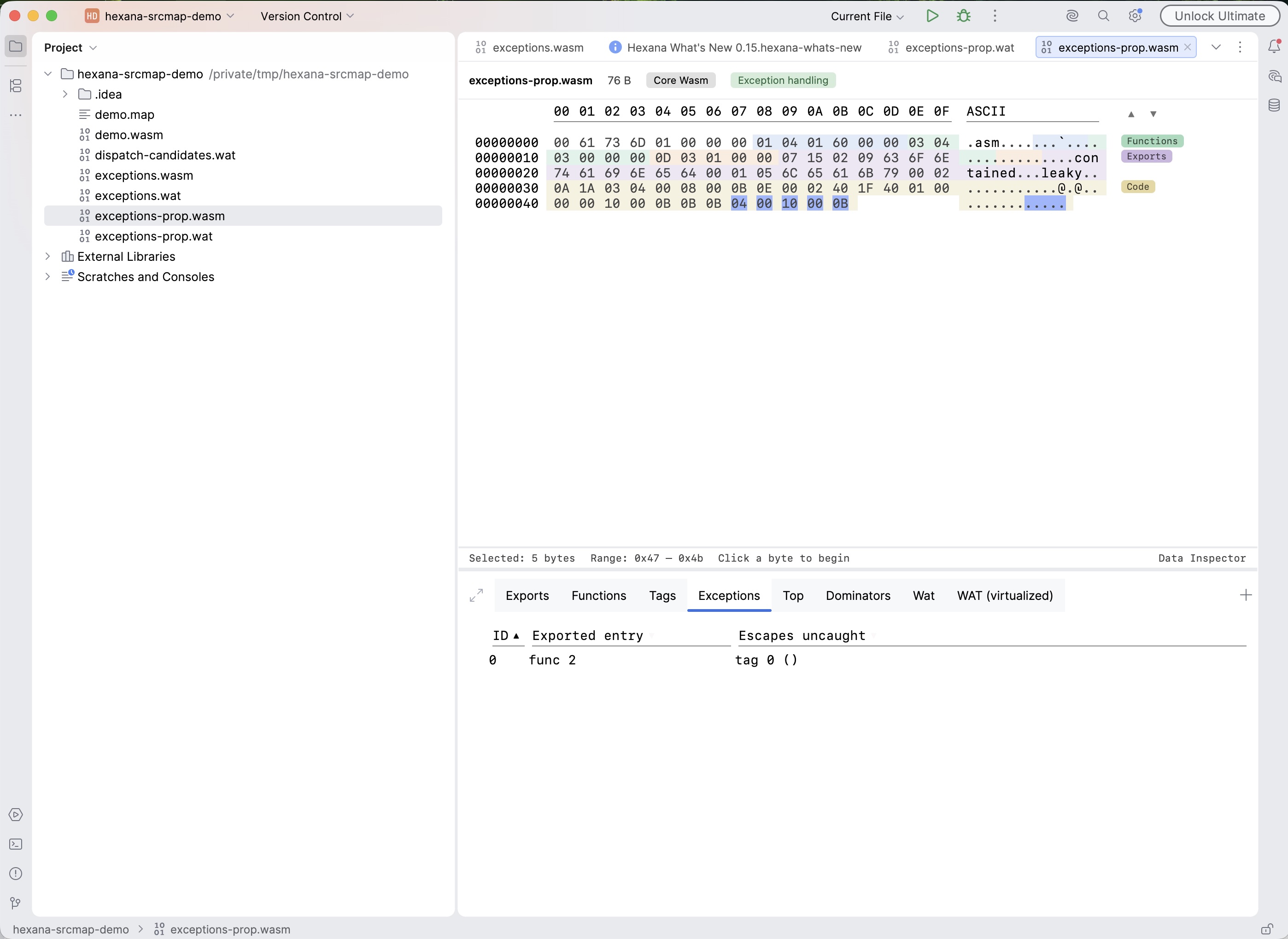 Exceptions tab showing one exported entry point (func 2) whose exceptions escape to the host, with tag 0 listed in the Escapes uncaught column