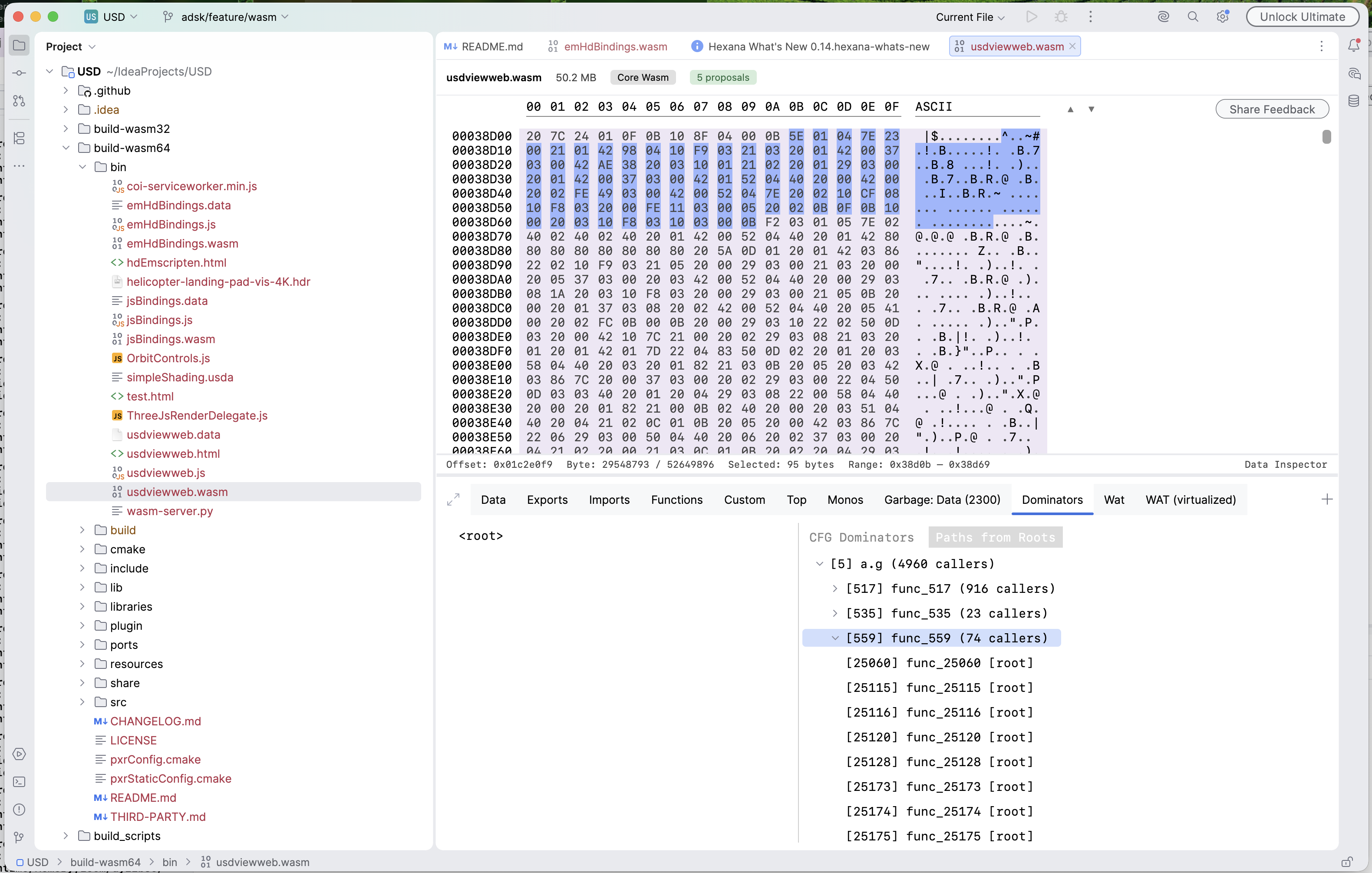 Dominators tab of usdviewweb.wasm showing the call-graph dominator tree — functions grouped under the root with their caller counts, computed for a 42k-function memory64 module
