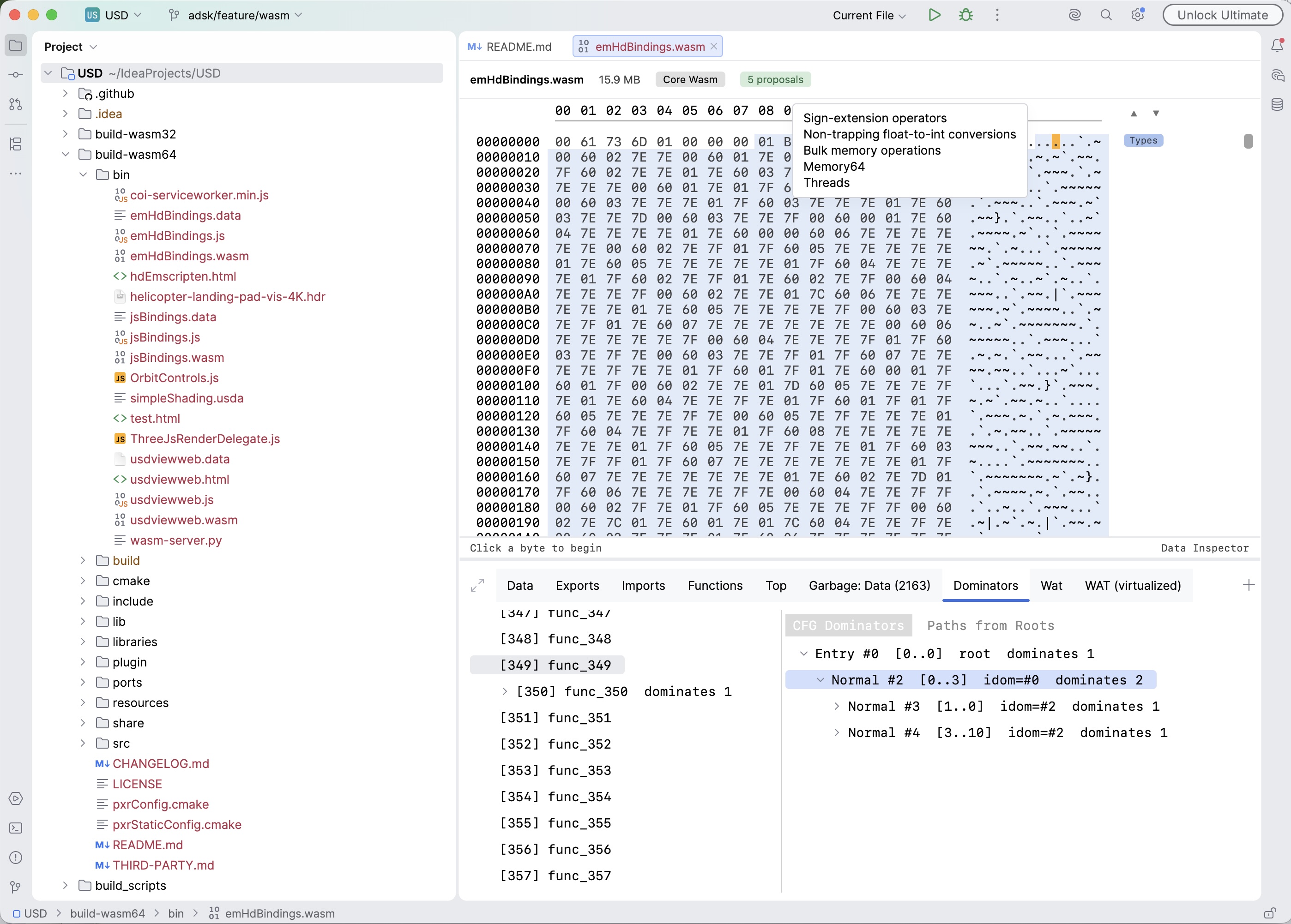 Dominators tab of a 15.9 MB memory64 module (emHdBindings.wasm) — the CFG Dominators subtab shows the selected function's basic-block dominator tree with immediate-dominator and dominates counts per block
