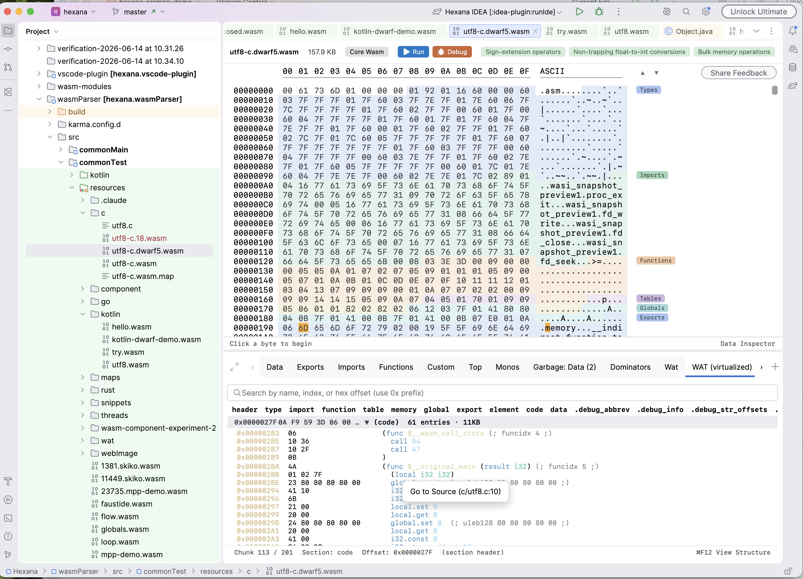 WAT (virtualized) view of utf8-c.dwarf5.wasm — a module carrying .debug_info and other DWARF 5 custom sections — with Go to Source resolving an instruction row to c/utf8.c:10 via DWARF