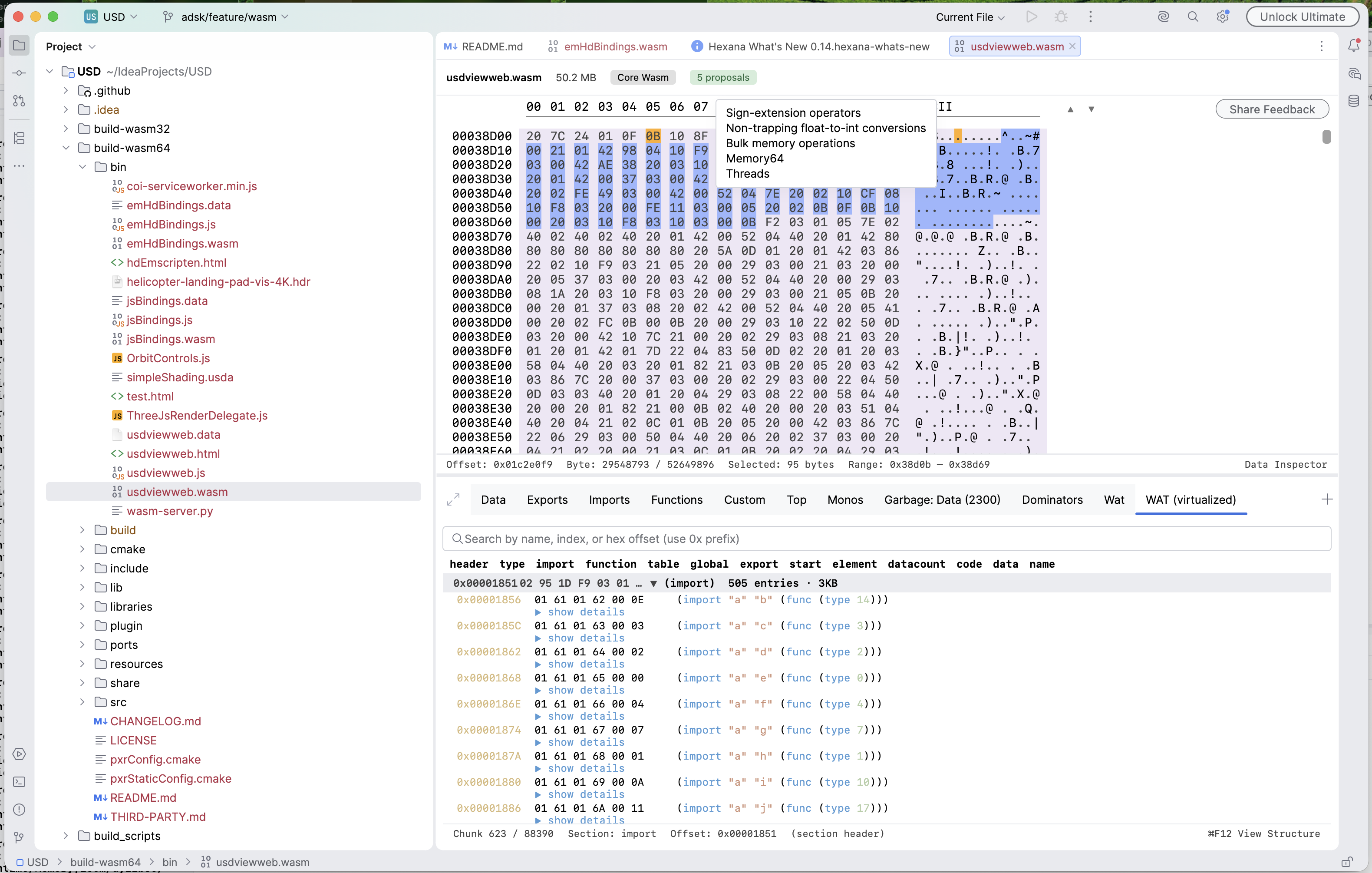WAT (virtualized) tab of usdviewweb.wasm rendering the module's import section, with the information-bar popup listing the detected proposals — sign-extension operators, non-trapping float-to-int conversions, bulk memory operations, Memory64, and Threads