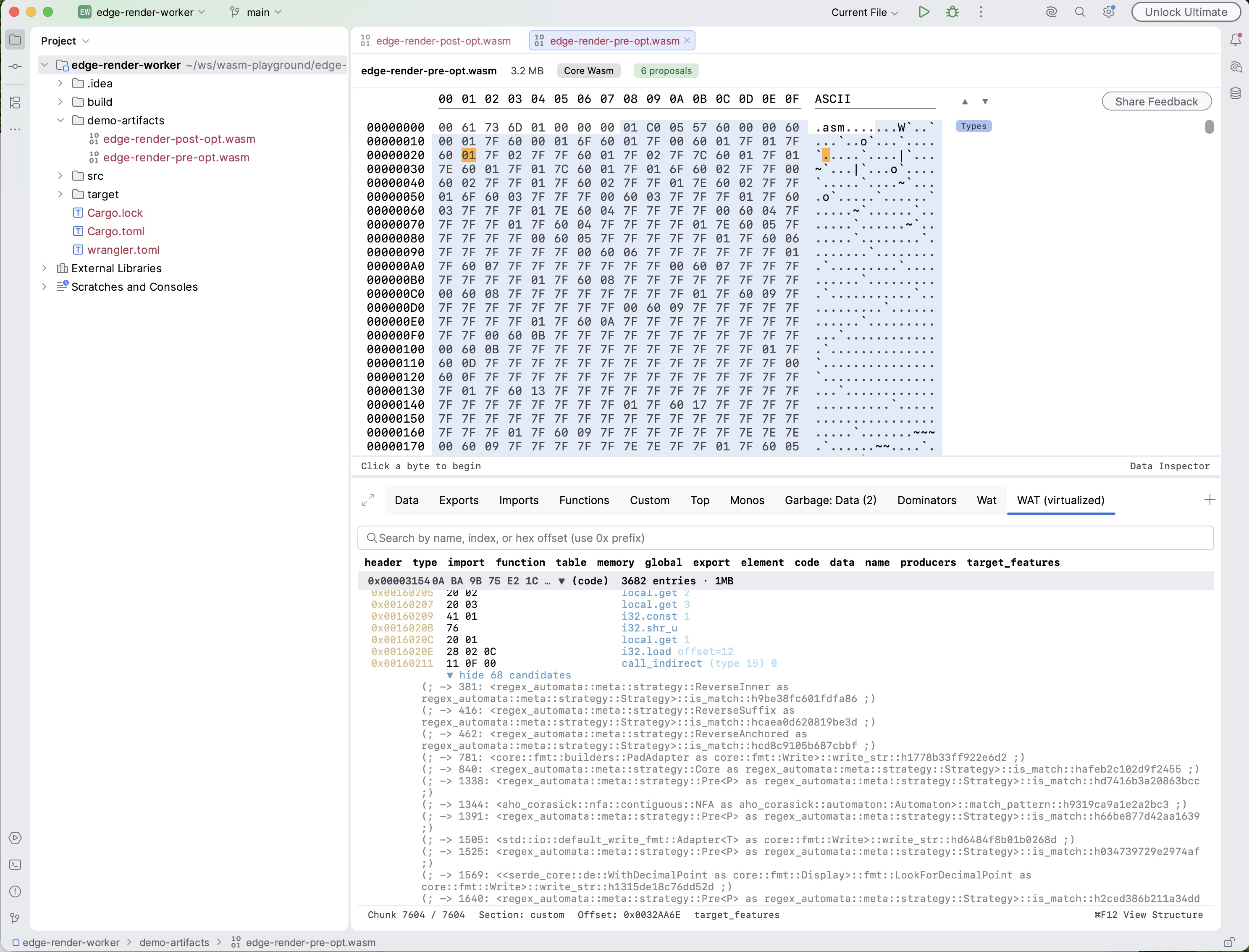 WAT (virtualized) view of a workers-rs module with a call_indirect row expanded inline — 68 statically known candidates listed as navigable rows beneath the instruction