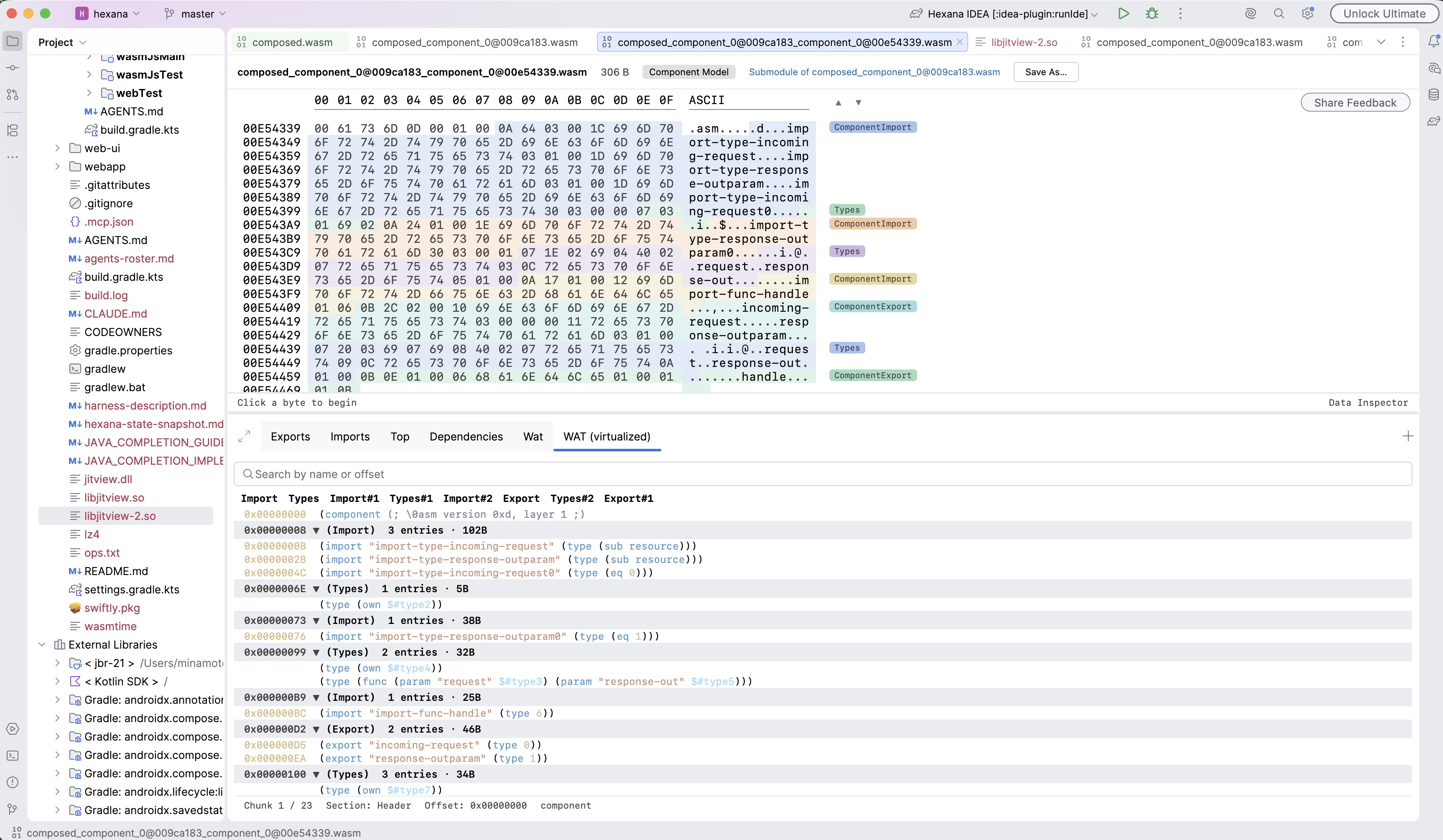 WAT (virtualized) tab of a nested Component Model binary showing component-level constructs: foldable section headers for Import Types, Import#1, Types, Import#2, Export, and Export#1, with clickable byte-offset gutter and a search bar above
