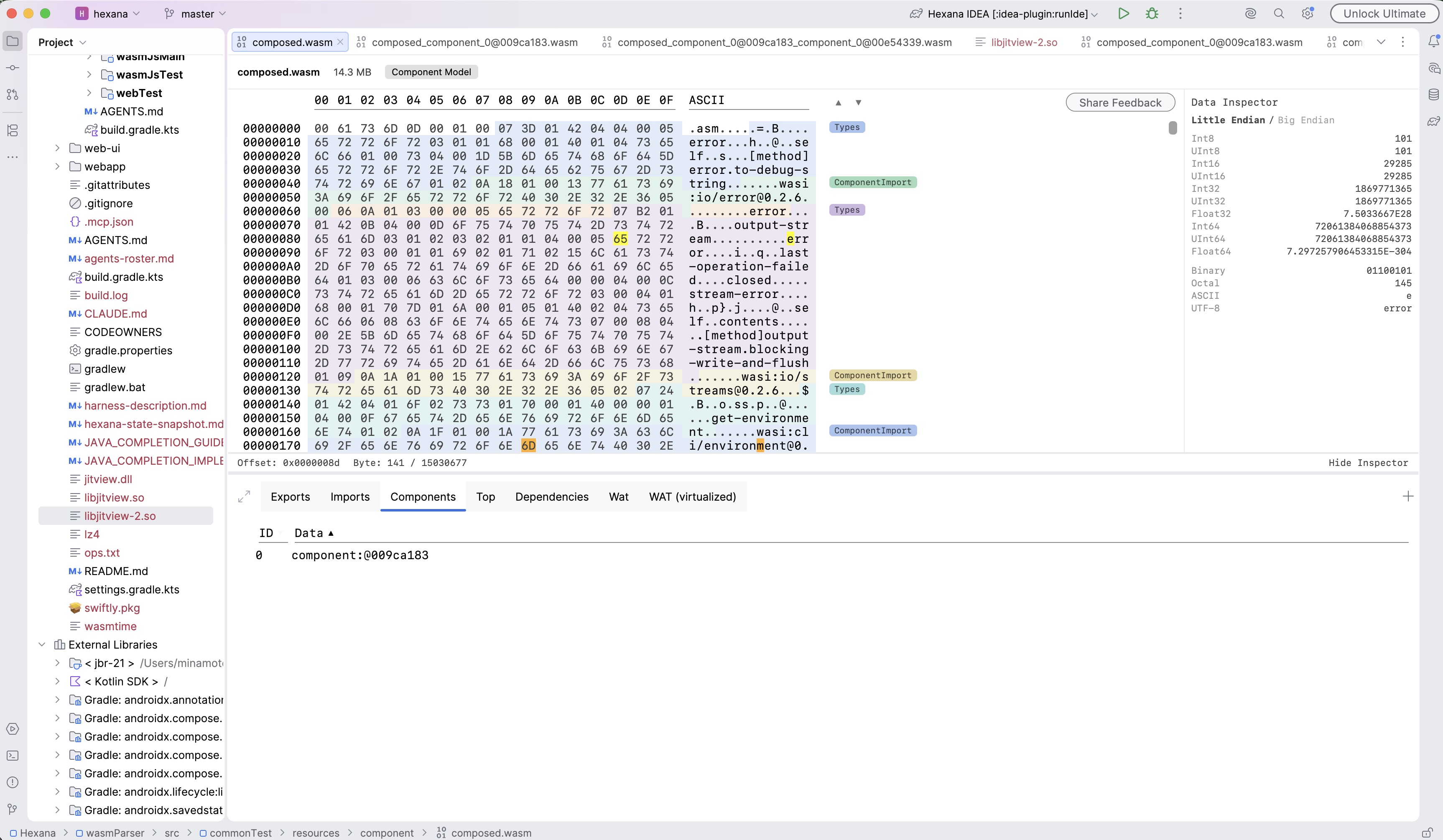 Components tab of composed.wasm listing one embedded component (component:0@09ca183) as a navigable row, with the hex view and Data Inspector open alongside