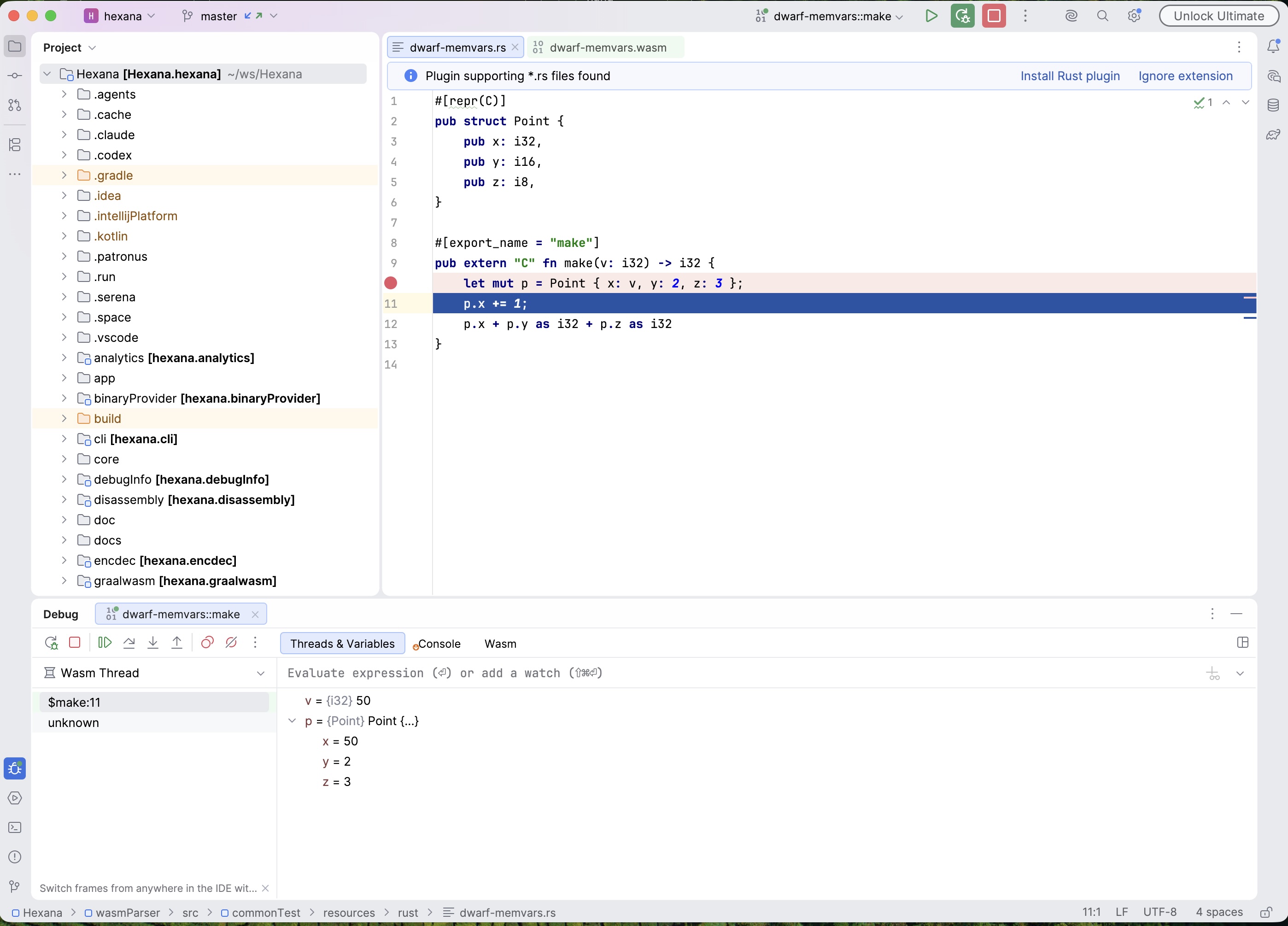 Node.js debug session paused in dwarf-memvars.rs, Variables pane showing v = {i32} 50 and p = {Point} expanded to x=50, y=2, z=3, decoded from the module's linear memory via DWARF type information