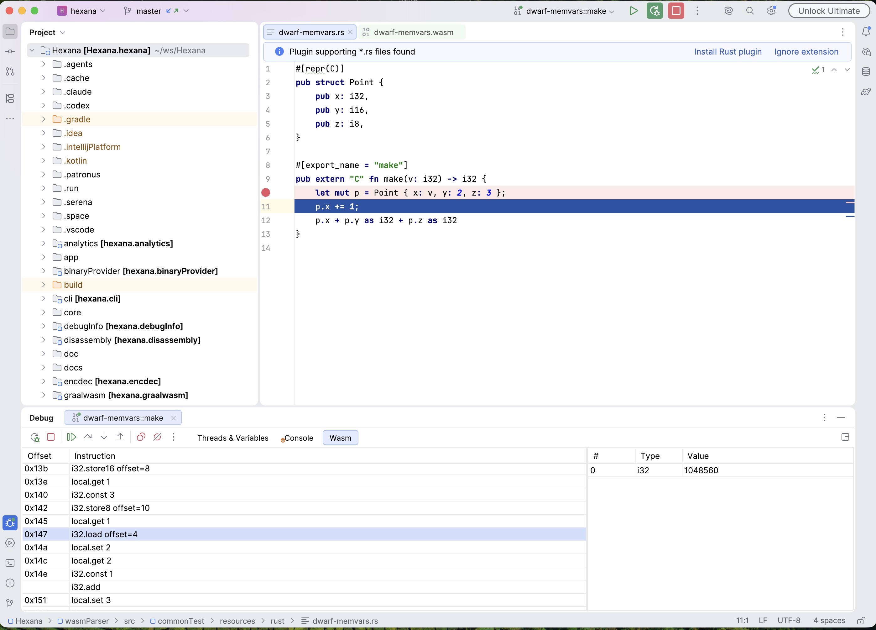 Node.js debug session, Wasm tab selected, showing WAT disassembly of the paused function with the current instruction highlighted at offset 0x147, and the operand stack on the right listing stack slot index, type (i32), and value (1048560)