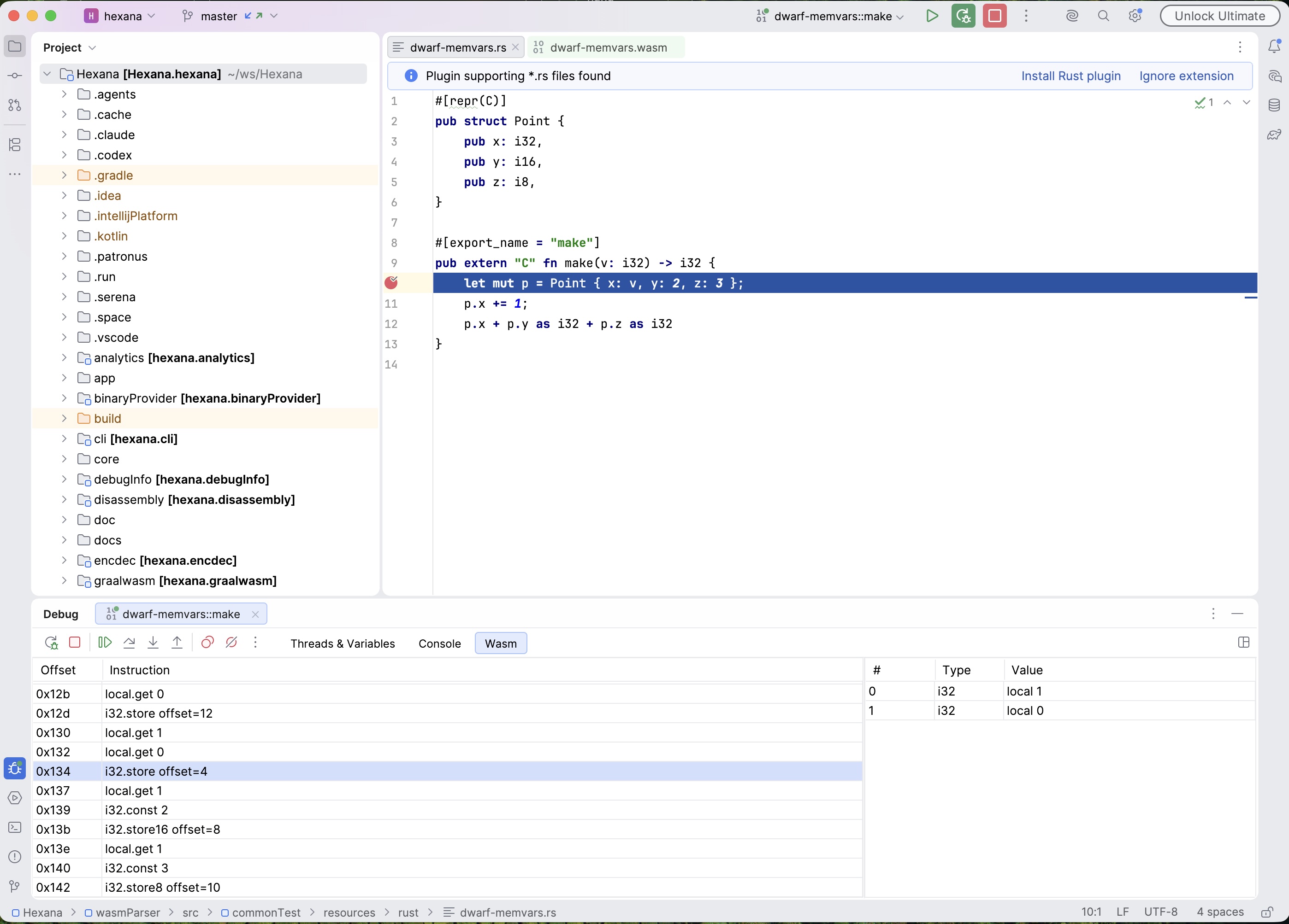 wasmtime debug session, Wasm tab with WAT disassembly and symbolic operand stack, showing stack slots with type and value columns; the right pane lists "i32 1048560 (local 1)" and "i32 2 (const 2)" as named value origins