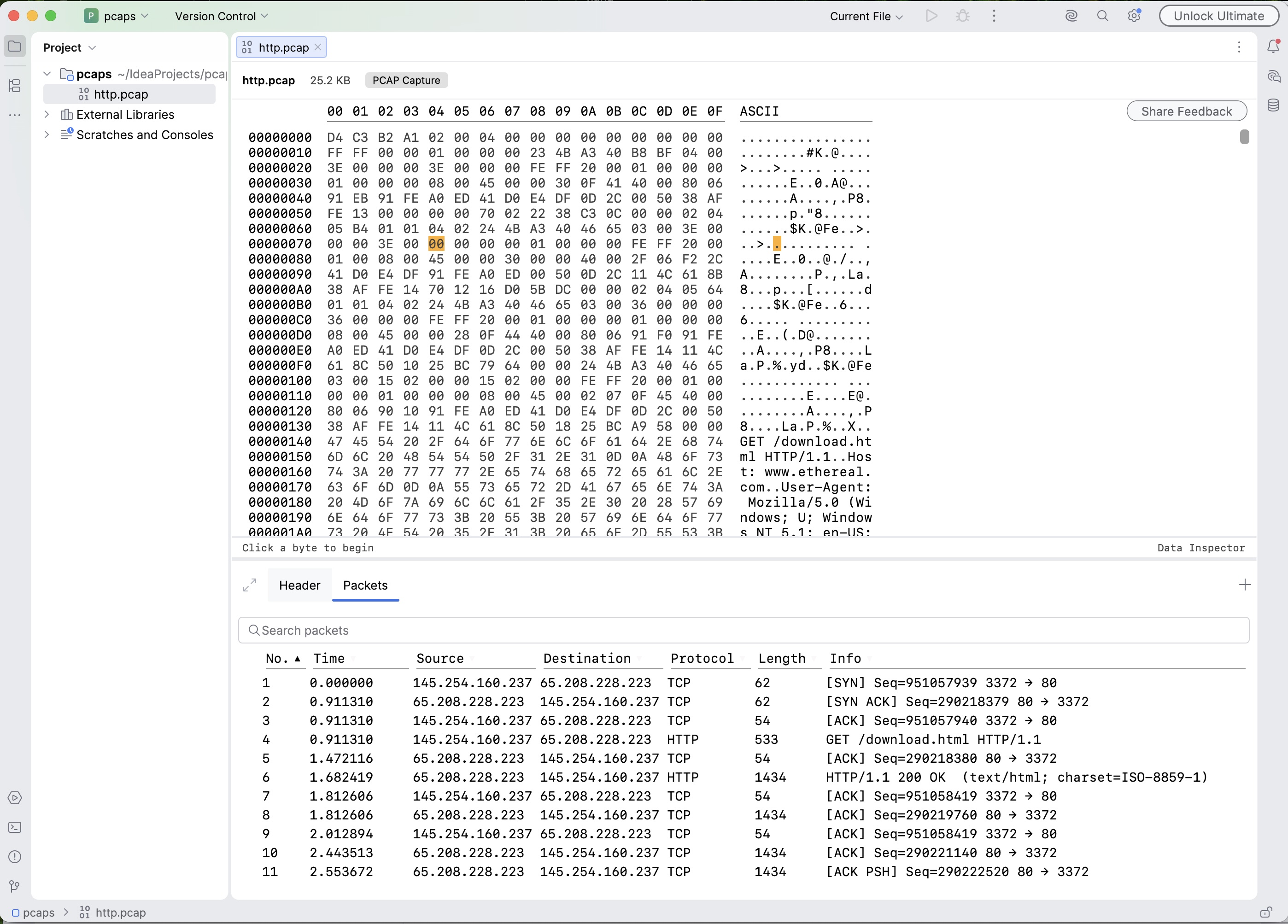 pcap file http.pcap open in Hexana showing the hex view and a Packets tab listing 11 rows of TCP and HTTP traffic between 145.254.160.237 and 65.208.228.223, with columns No., Time, Source, Destination, Protocol, Length, Info
