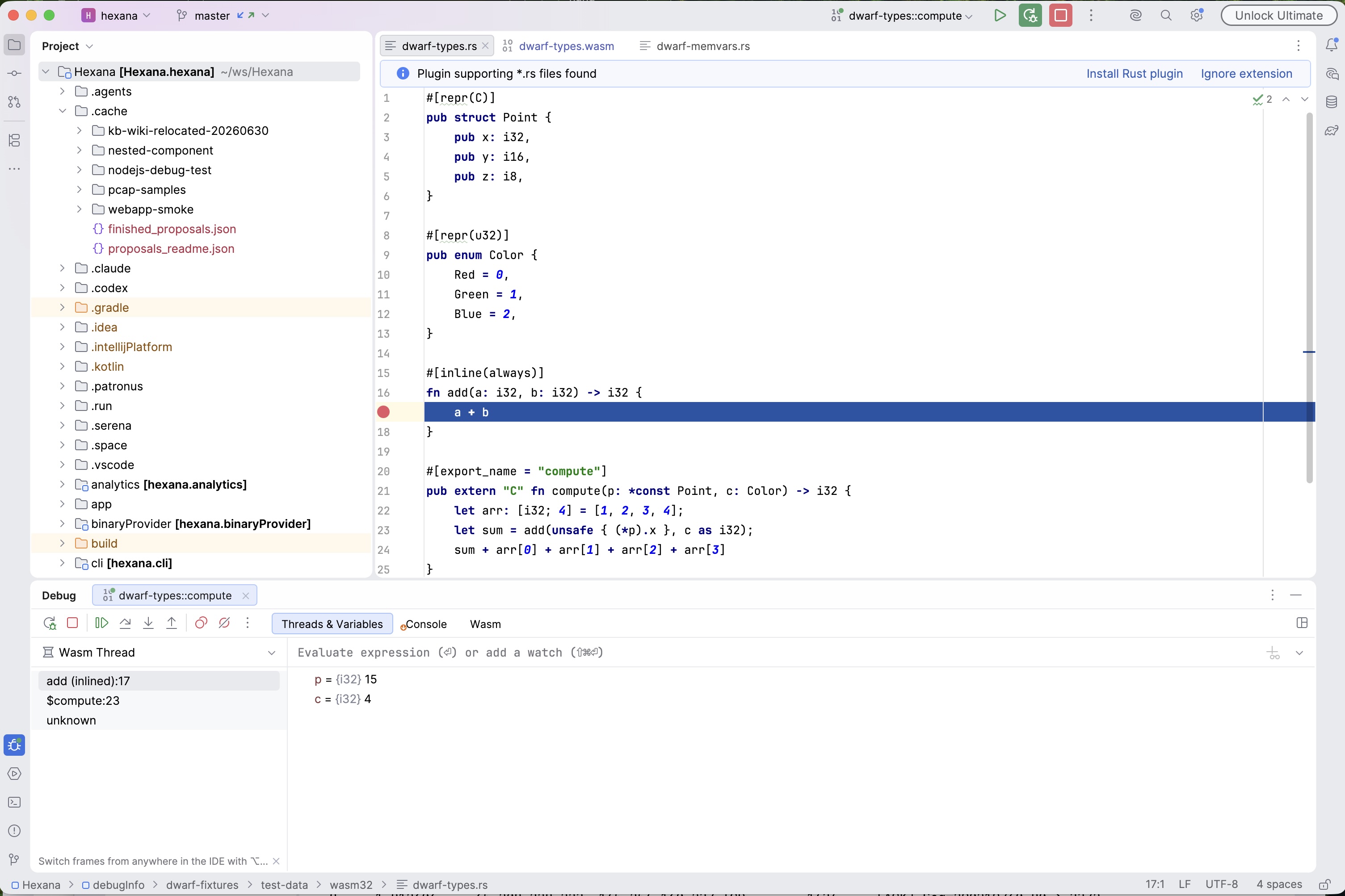 Node.js debug session with inlined frames in the stack: "add (inlined):17" and "$compute:23" shown as separate stack entries, Variables pane showing p=(i32) 15 and c=(i32) 4
