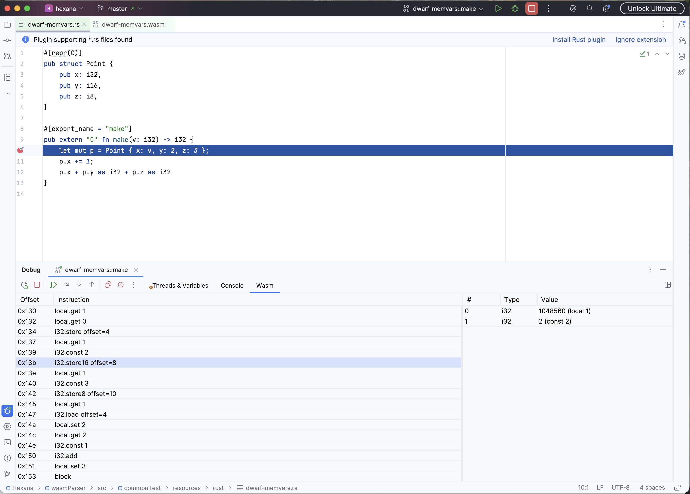wasmtime debug session, Wasm tab showing WAT disassembly of the paused function with current instruction highlighted at offset 0x13b, and the symbolic operand stack listing two slots: i32 value 1048560 (local 1) and i32 value 2 (const 2)