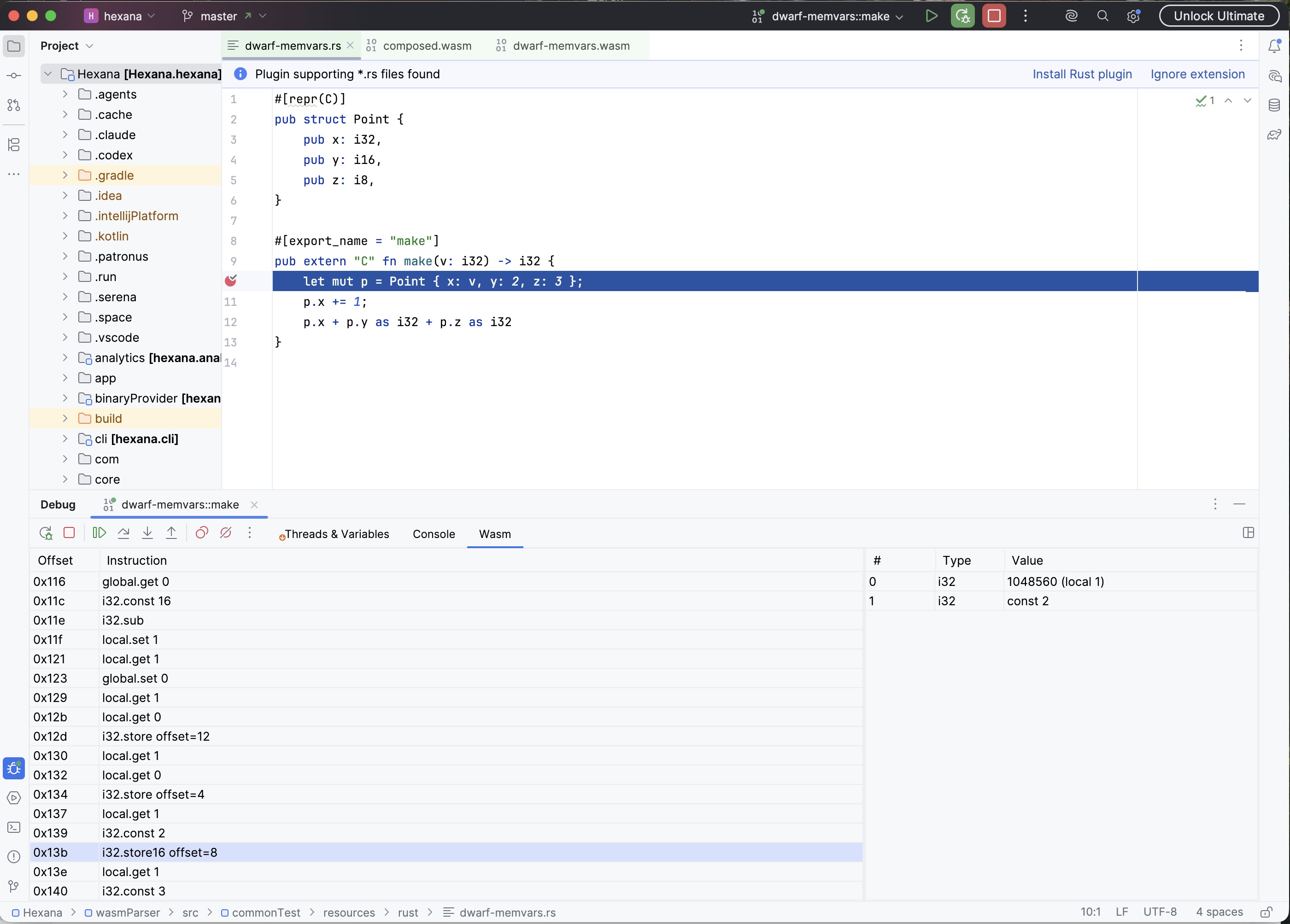Hexana debugger with the Wasm tab selected, showing per-instruction disassembly of a dwarf-memvars.wasm function with the current instruction highlighted at 0x13b (i32.store16 offset+8), and the operand stack panel listing two slots: slot 0 (i32, value 1048560, local 1) and slot 1 (i32, const 2)
