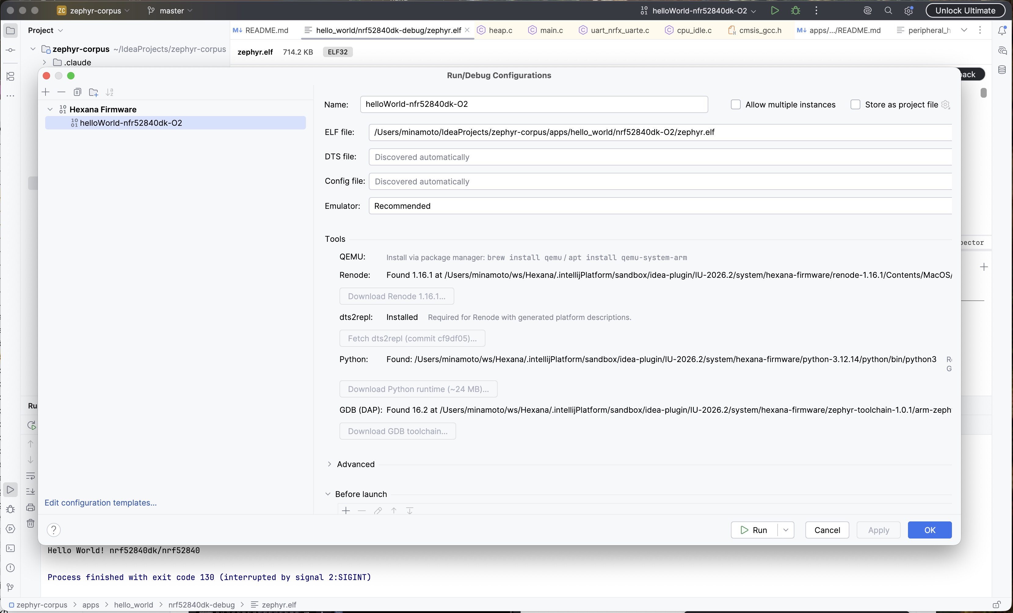Hexana Firmware run configuration dialog for helloWorld-nrf52840dk-O2 showing ELF file path, DTS and config discovered automatically, Emulator set to Recommended, and Tools section listing Renode 1.16.1 found, dts2repl installed, GDB DAP 16.2 found, with Run tool window output at the bottom reading "Hello World! nrf52840dk/nrf52840"