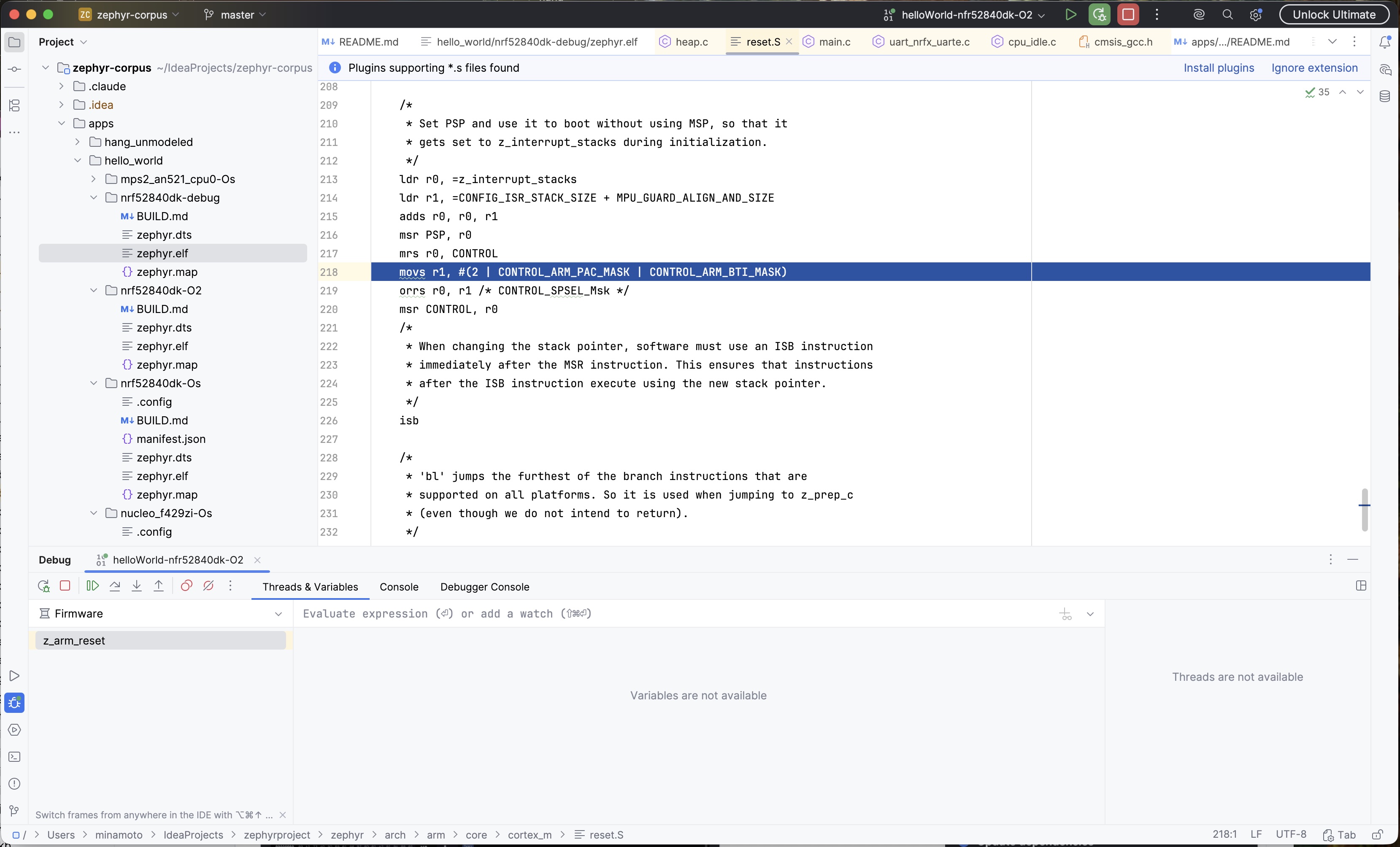 Debug session stopped in Cortex-M assembly (reset.S, line 218) with the Debugger Console and Threads & Variables tabs visible, GDB attached to the nRF52840dk-O2 target via DAP