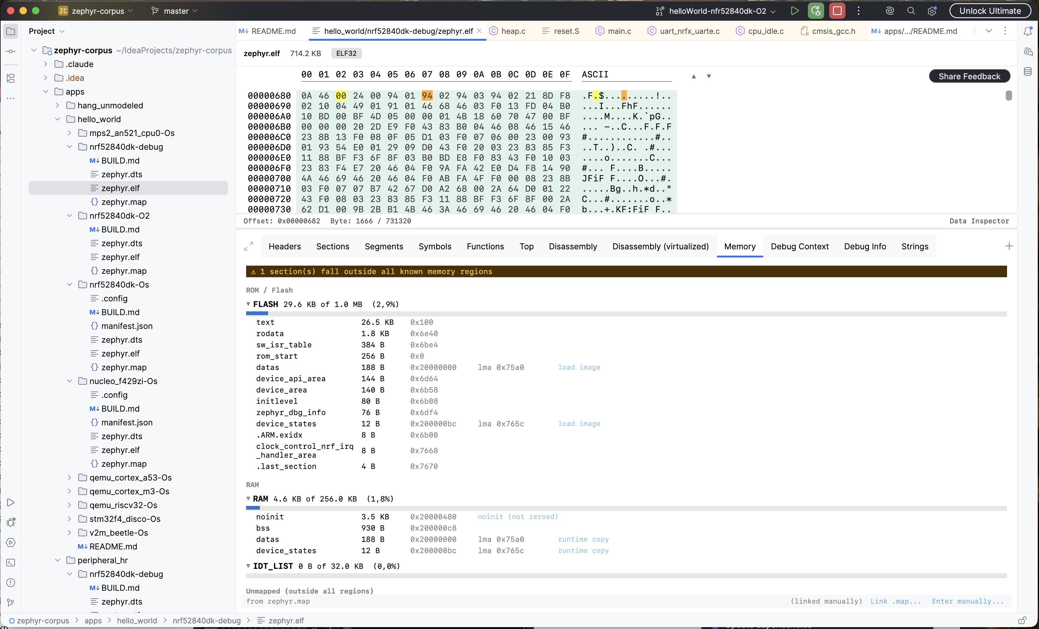 Memory tab for zephyr.elf (714.2 KB, ELF32) showing Flash 29.6 KB of 1.0 MB (2.9%) with section rows including text, rodata, isr_table, datas and others with addresses and sizes; RAM 4.6 KB of 256.0 KB (1.8%) with noinit, bss, datas and device_states rows annotated as "runtime copy"; IDT_LIST 8 B of 32.0 KB (0.0%); footer shows "from zephyr.map" and a "Link capacity source..." strip