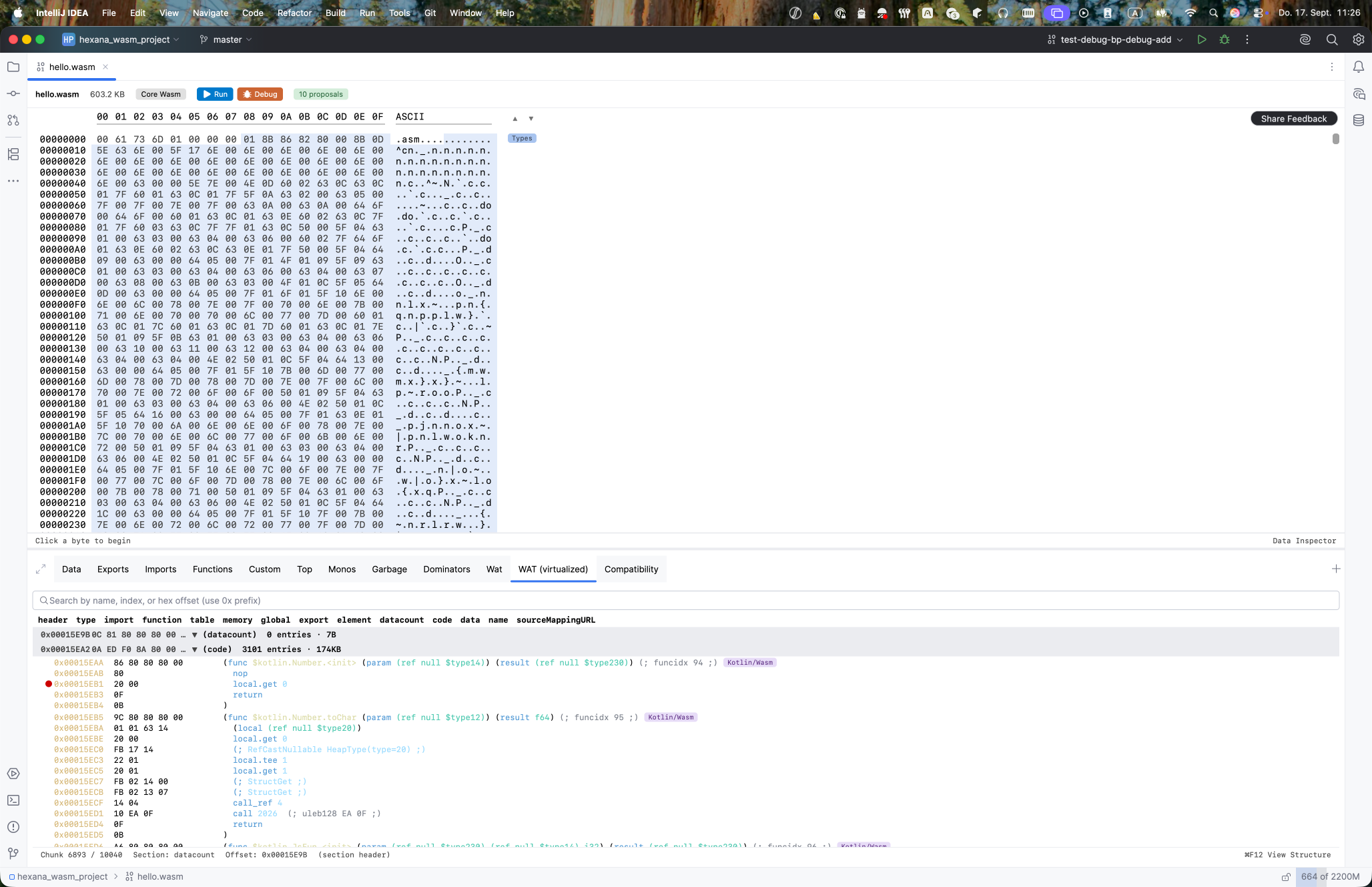 WAT (virtualized) tab of a WASM file showing a breakpoint set in the gutter; a debug session is active with the Compatibility tab visible in the tab bar alongside Functions, Exports, Imports, and other tabs