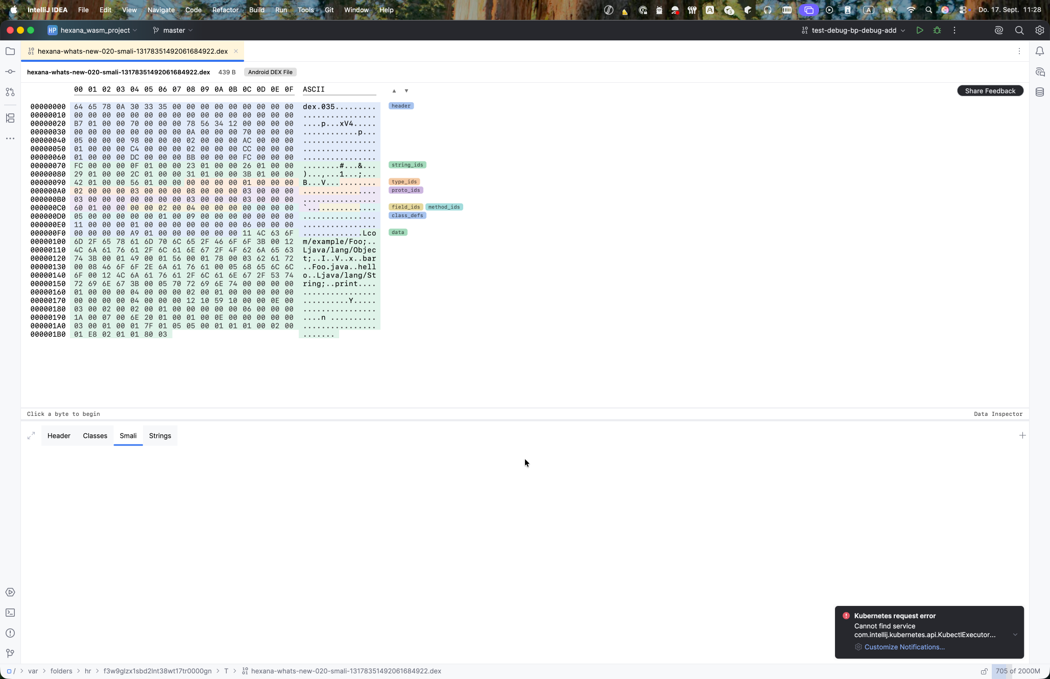 Android DEX file open with the Smali tab selected, showing baksmali-style Dalvik bytecode with resolved operands; tabs above include Header, Classes, Smali, and Strings