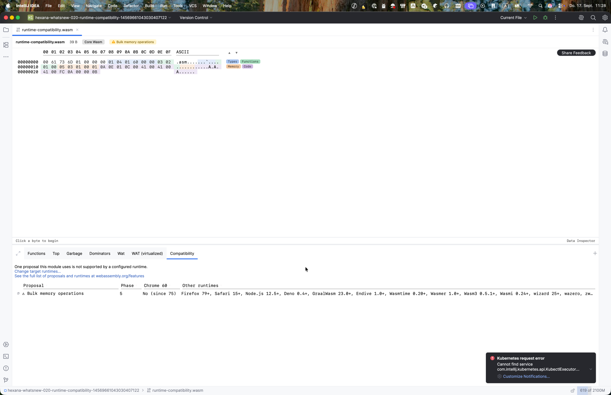 Compatibility tab of runtime-compatibility.wasm showing a table of WebAssembly proposals. One row (Bulk memory operations, Phase 5) lists runtime support across Chrome, Firefox, Safari, Node.js, Deno, and others. The proposals badge in the editor toolbar shows a warning