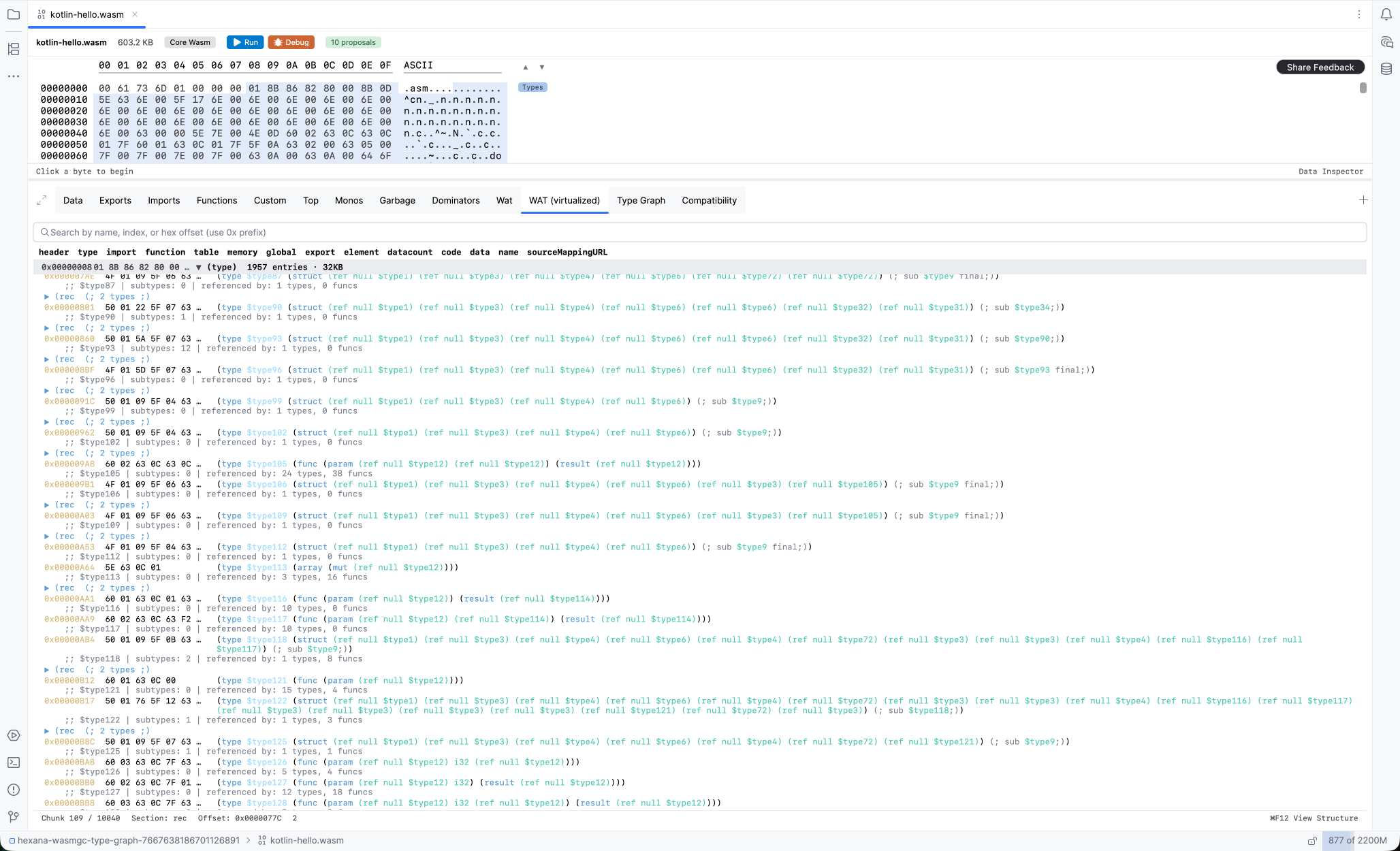 WAT (virtualized) tab showing type section rows with inline annotations (kind labels and field counts) appended to each type definition line