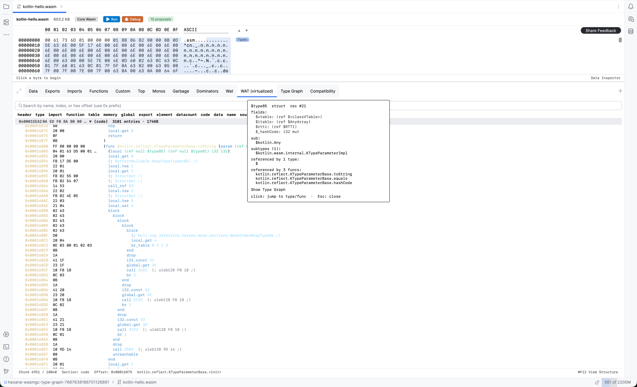WAT (virtualized) tab with the type info popup open for a struct type, listing its field names and types, supertypes, subtypes, and byte offset