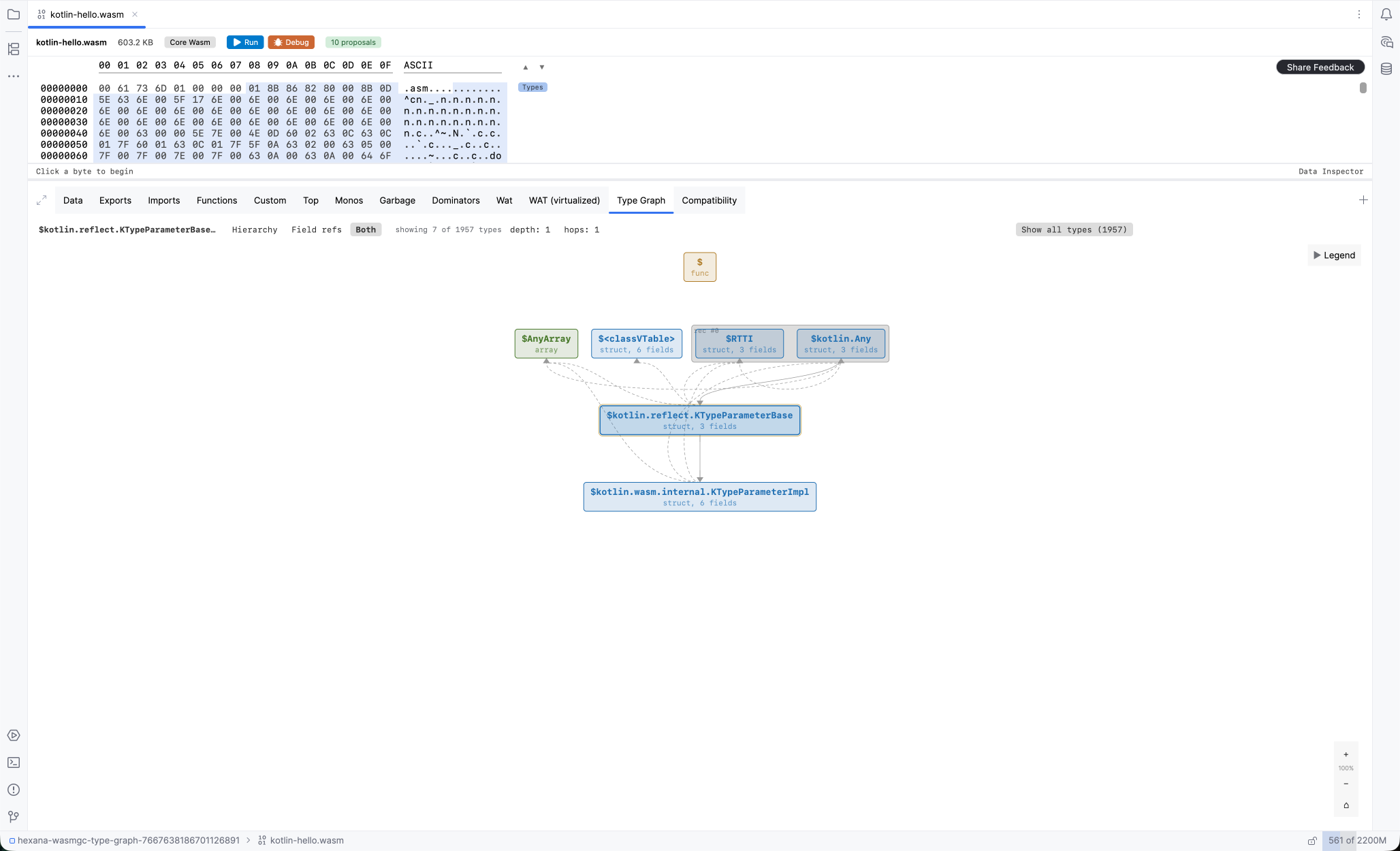 WAT (virtualized) tab of kotlin-hello.wasm open on the Type Graph tab, showing nodes for $kotlin.reflect.KTypeParameterBase and related structs connected by subtype and field-reference edges, with depth: 1 and hops: 1 controls in the header