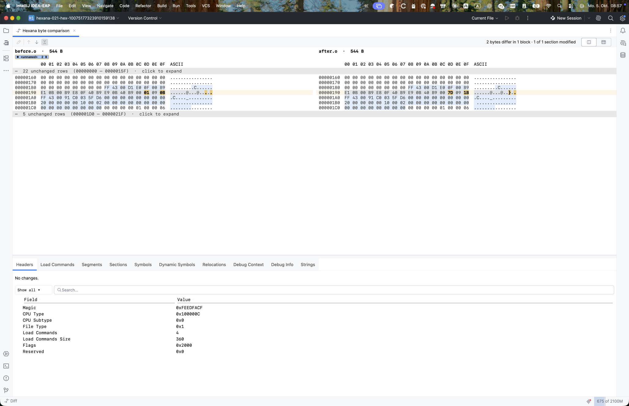 IDE hex diff window comparing two small binaries side by side, with changed bytes highlighted and an "N unchanged rows" collapsed fold, plus a Headers table below showing both files' metadata as a diff