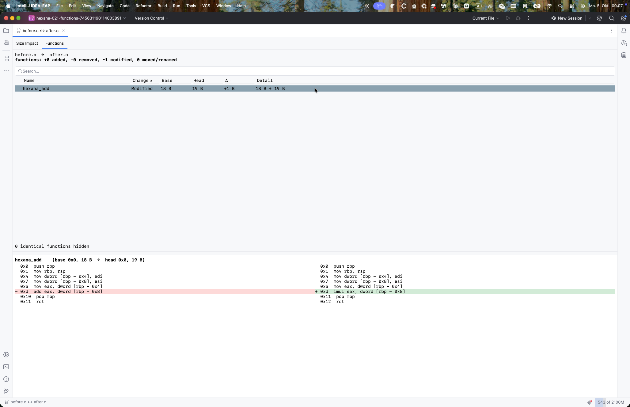 Native binary diff for before.o vs after.o, Functions tab selected, showing hexana_add as Modified with sizes 18 B and 19 B, and side-by-side x86-64 disassembly below with the changed instruction highlighted