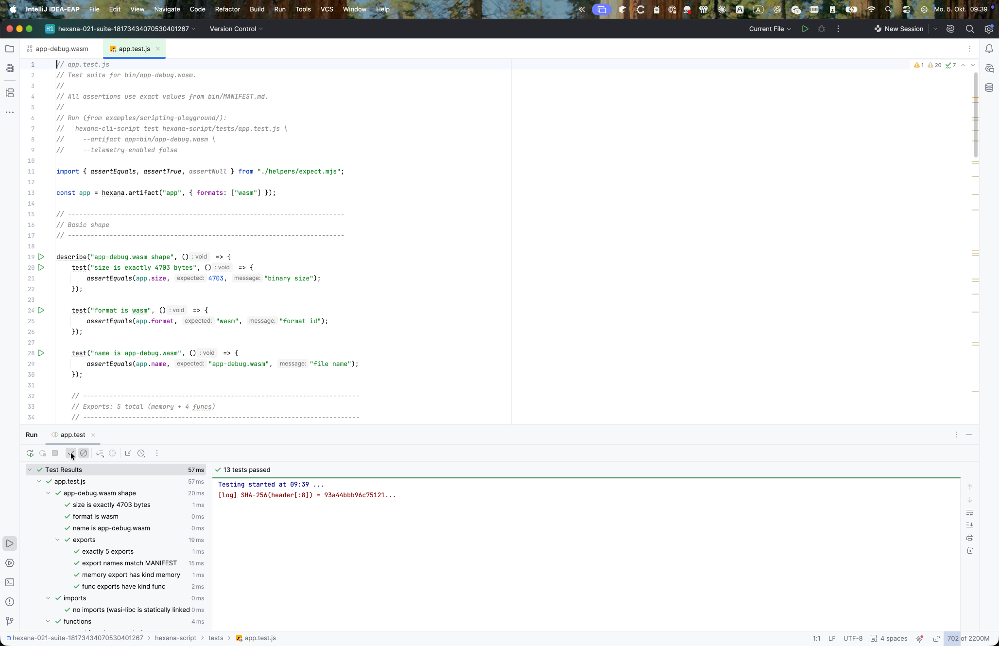 IDE showing a .test.js suite file on the left and the SM test console on the right with a test result tree, passing tests checked, and one failure with a source location link