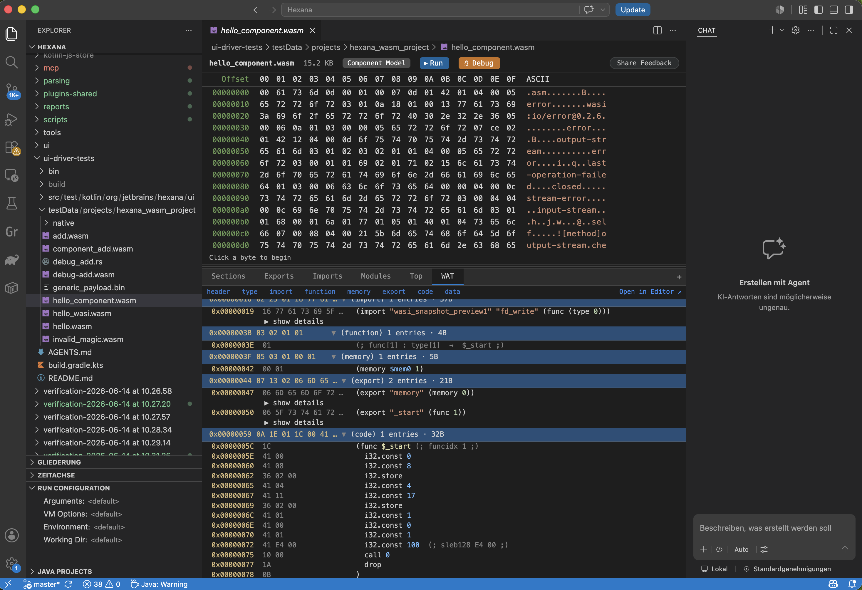 Virtualized WAT panel for a component binary, with module selector