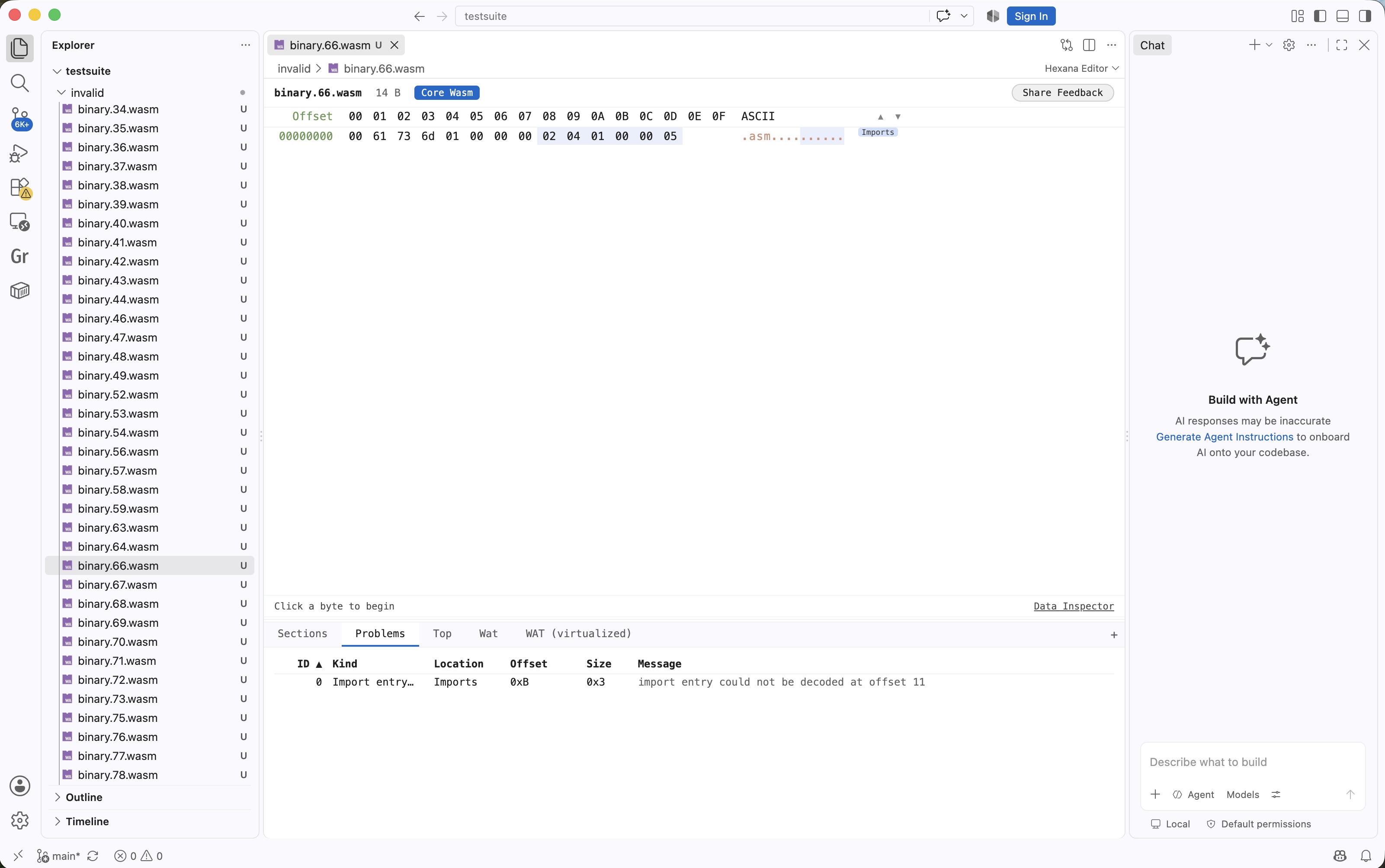 Problems tab listing an undecodable import entry with offset and message