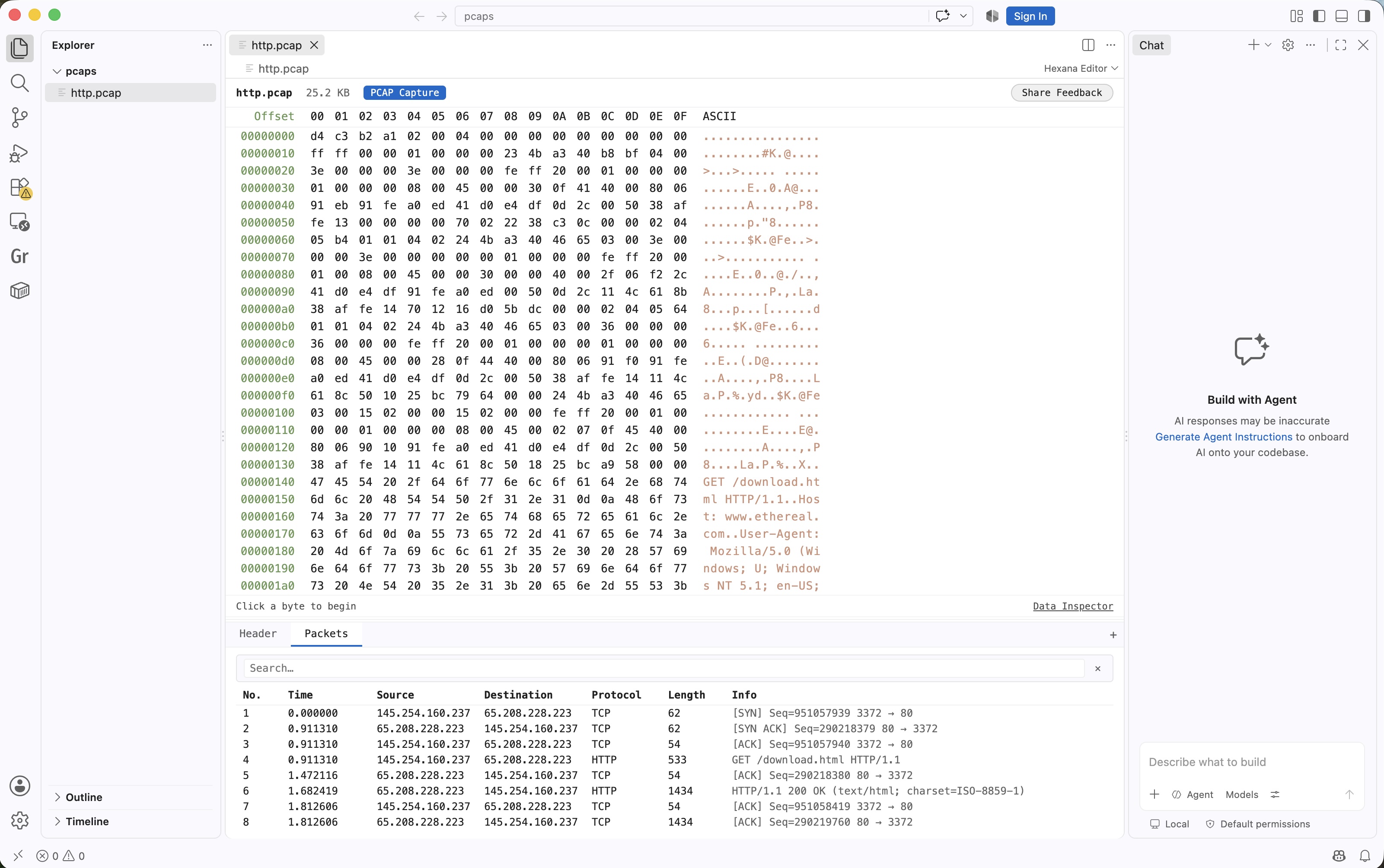 PCAP file open in Hexana with Header and Packets tabs