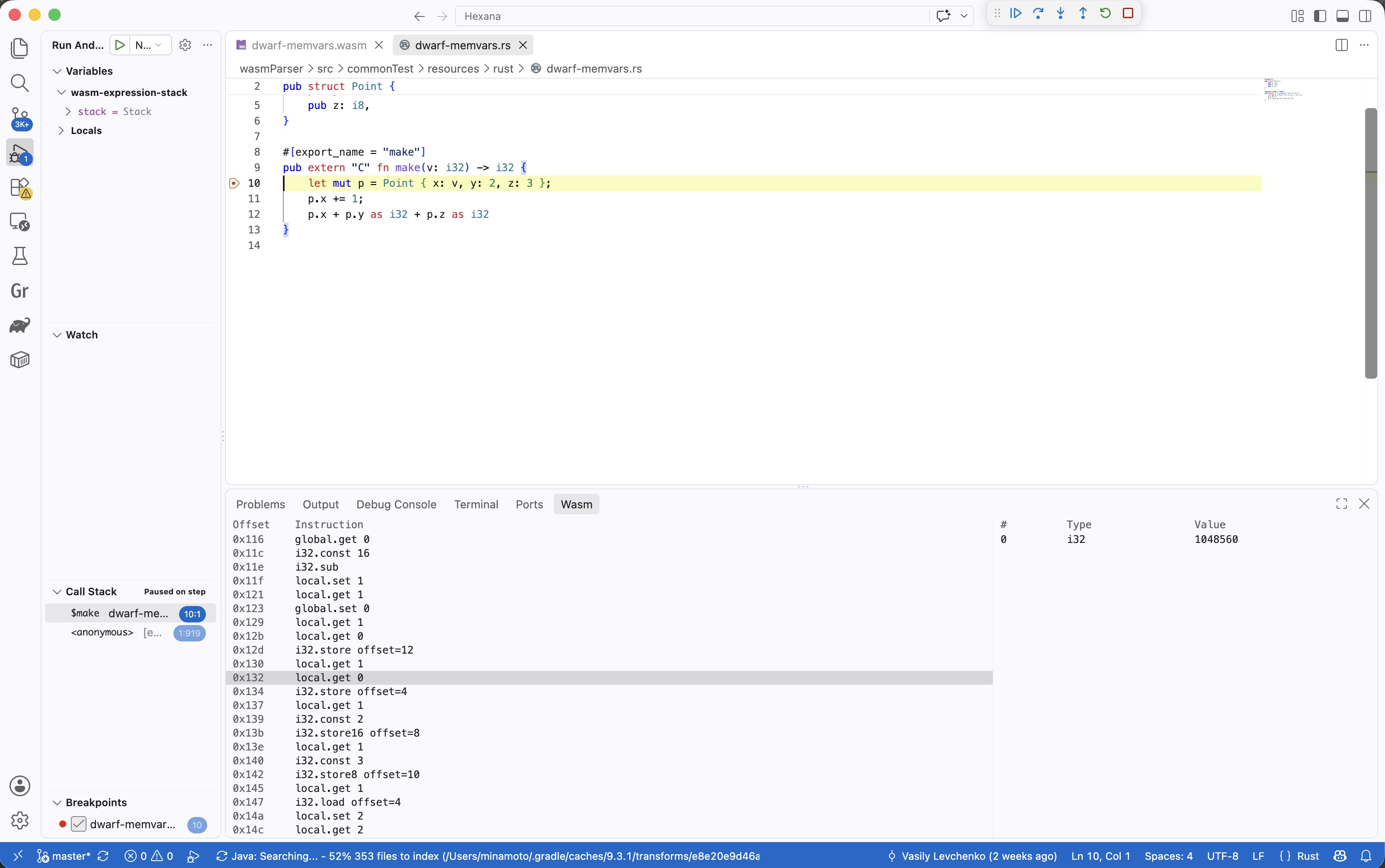 Wasm debugger view with WAT disassembly and operand stack