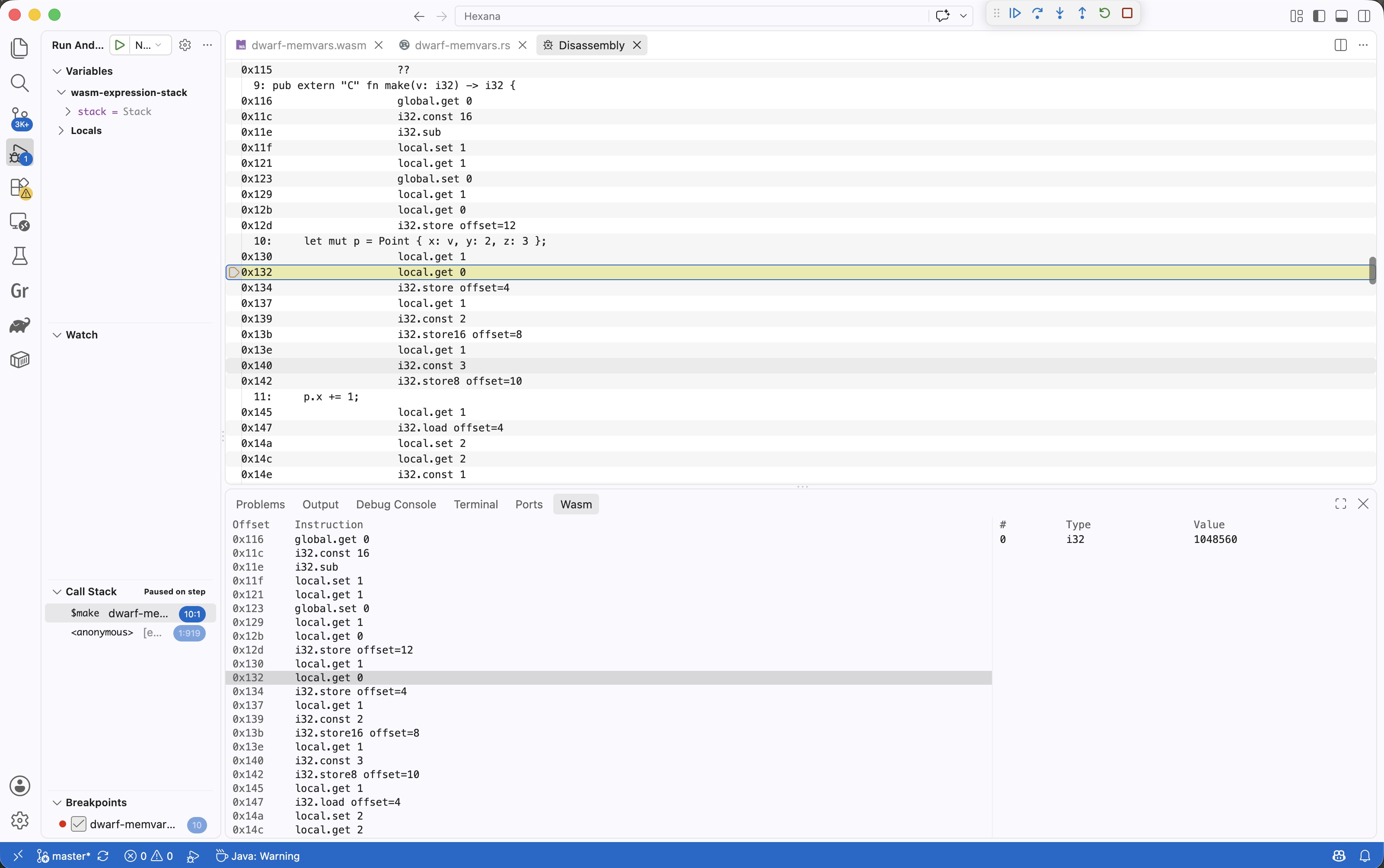VS Code Disassembly View with WAT-style instructions and DWARF source locations