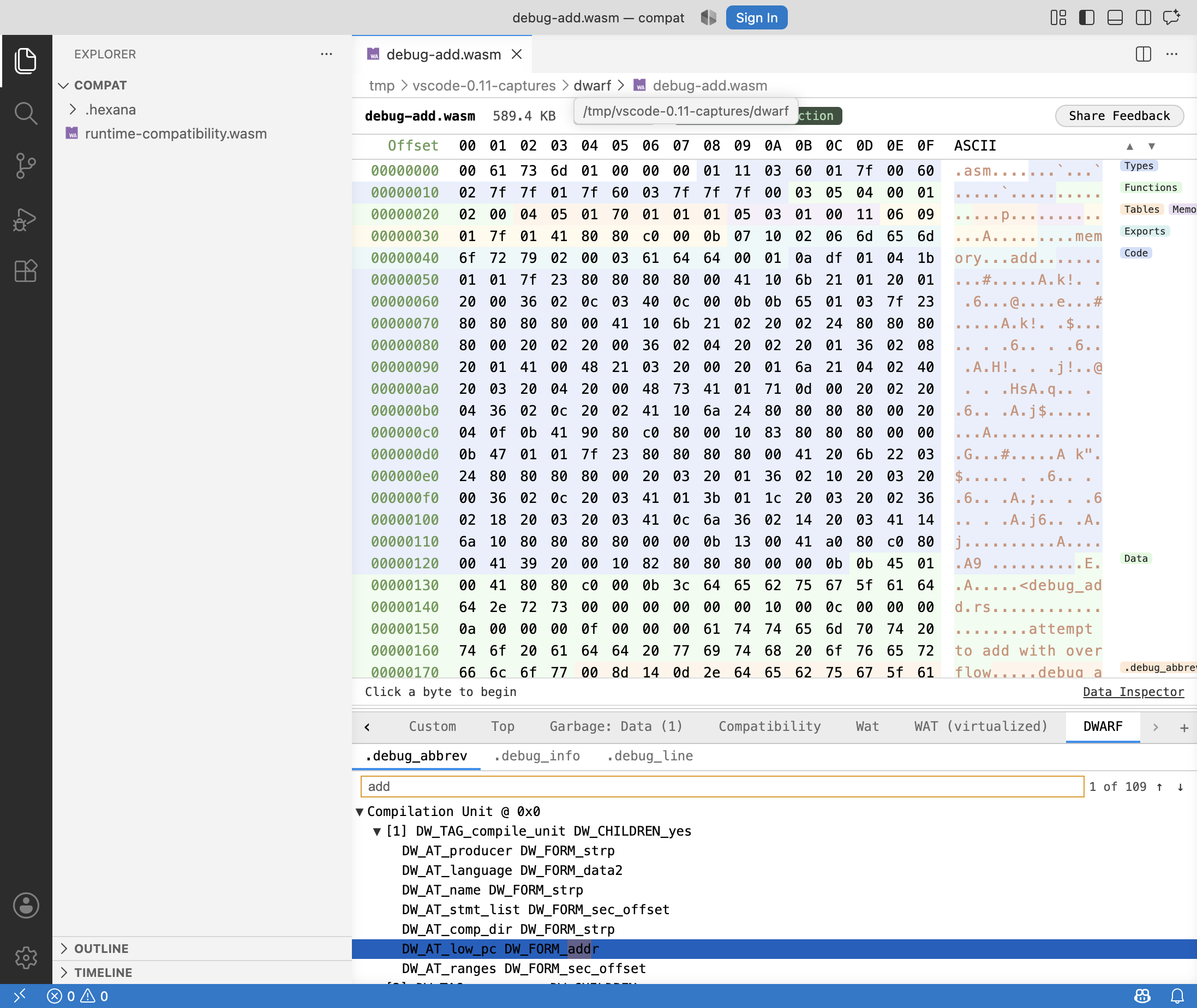 DWARF tab grouping debug_abbrev, debug_info, and debug_line
