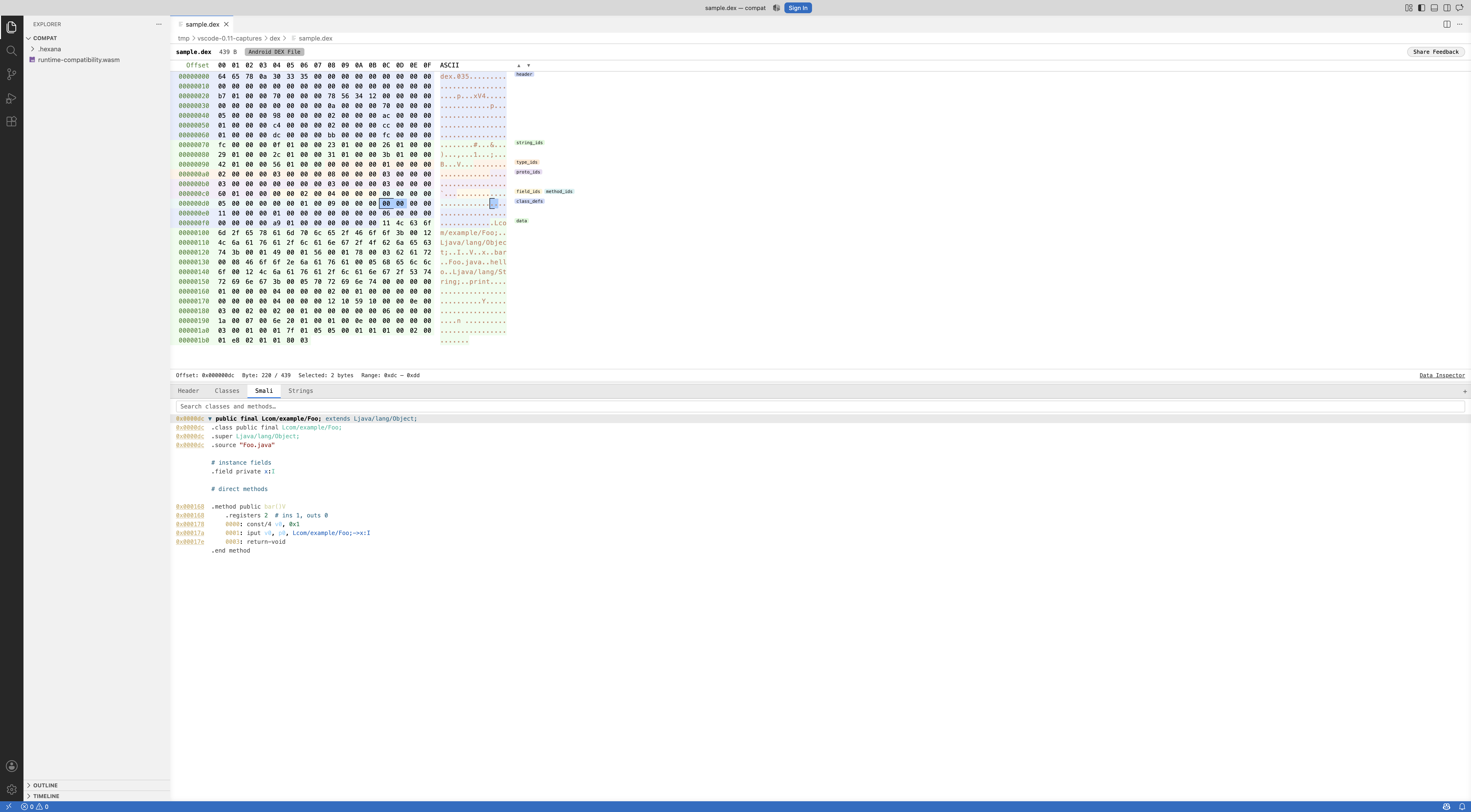 Android DEX file with the Smali tab showing Dalvik bytecode
